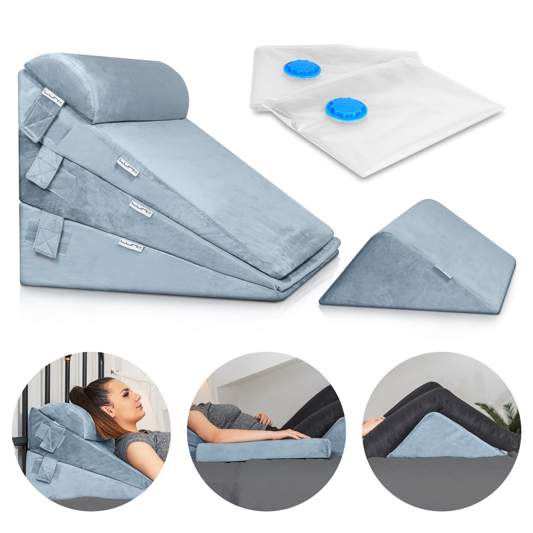 Lunix LX11 5pcs Wedge Pillow Set + Extra Cover Bundle (Gray)