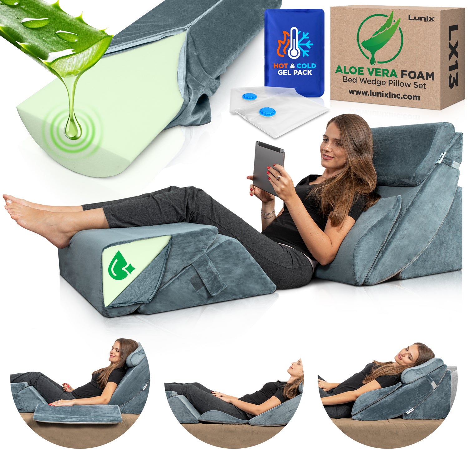 LX13 6pcs Aloe Vera Memory Foam, Orthopedic Bed Wedge Pillow System, with Hot Cold Pack Navy