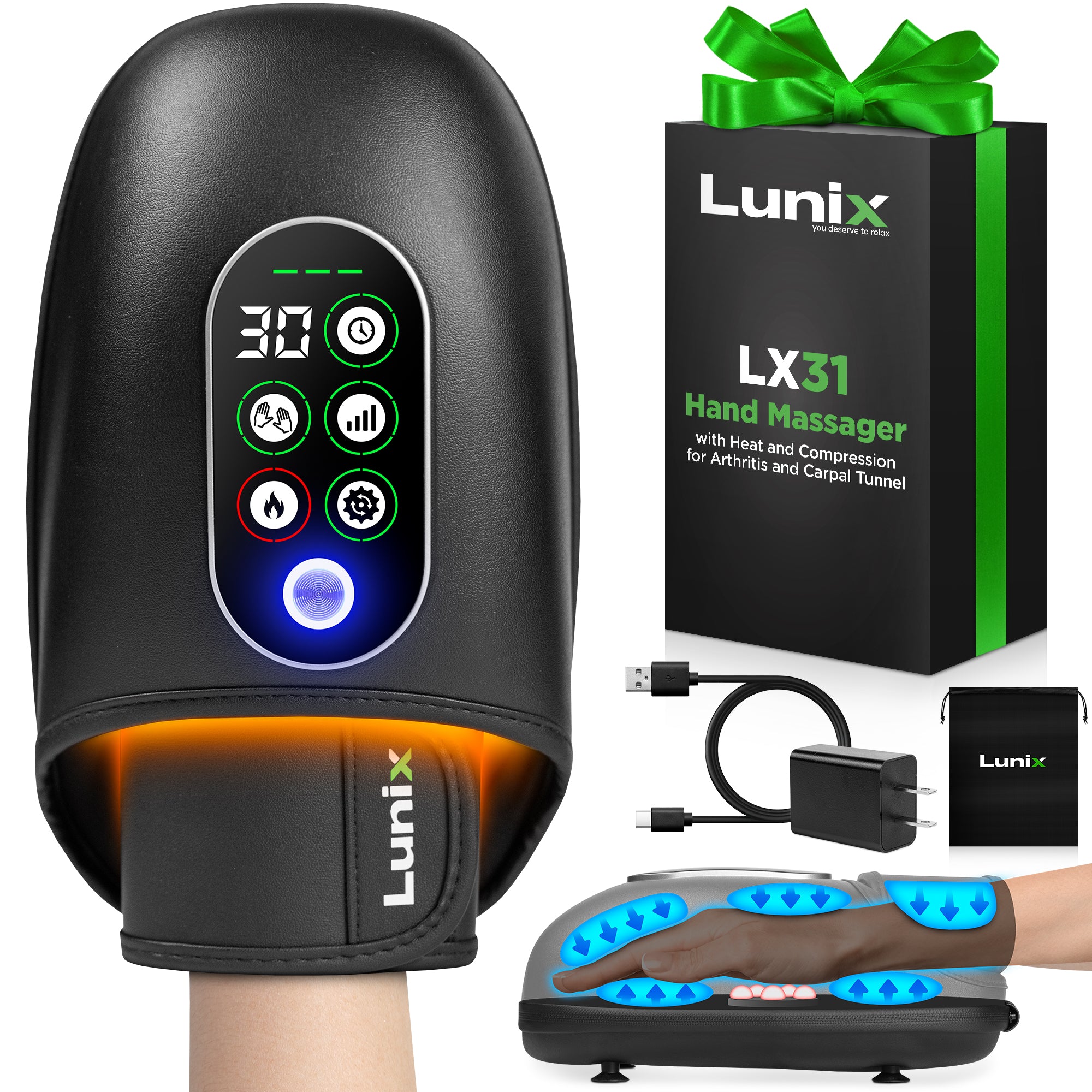 LX31 Hand Massager with Heat, Kneading and Compression - Black