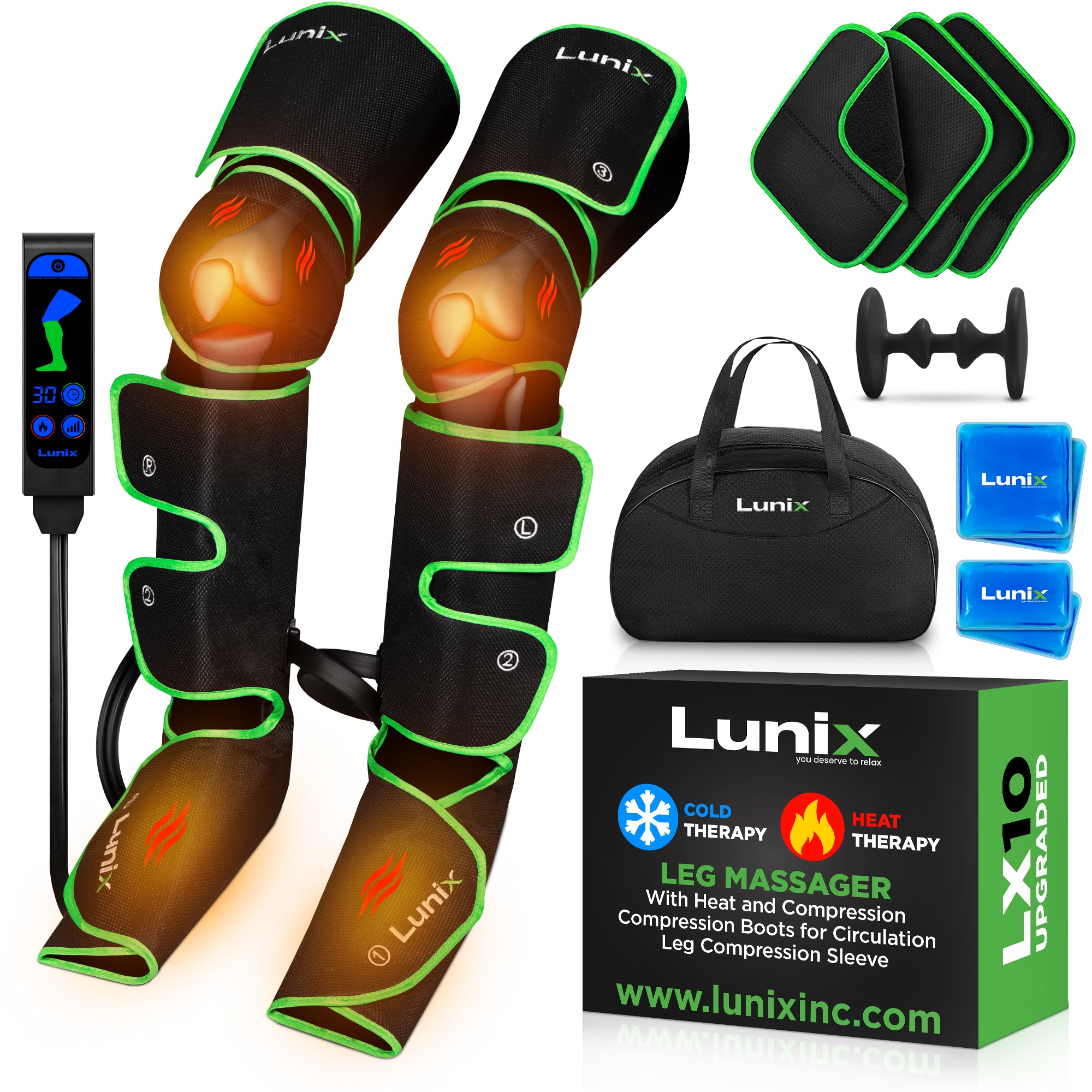 LX10 FULL LEG COMPRESSION MASSAGER WITH HOT/COLD PACK - GREEN - UPGRADED