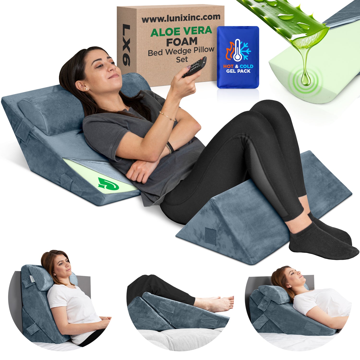 LX6 3pcs Aloe Vera Memory Foam, Orthopedic Bed Wedge Pillow System, with Hot Cold Pack Navy