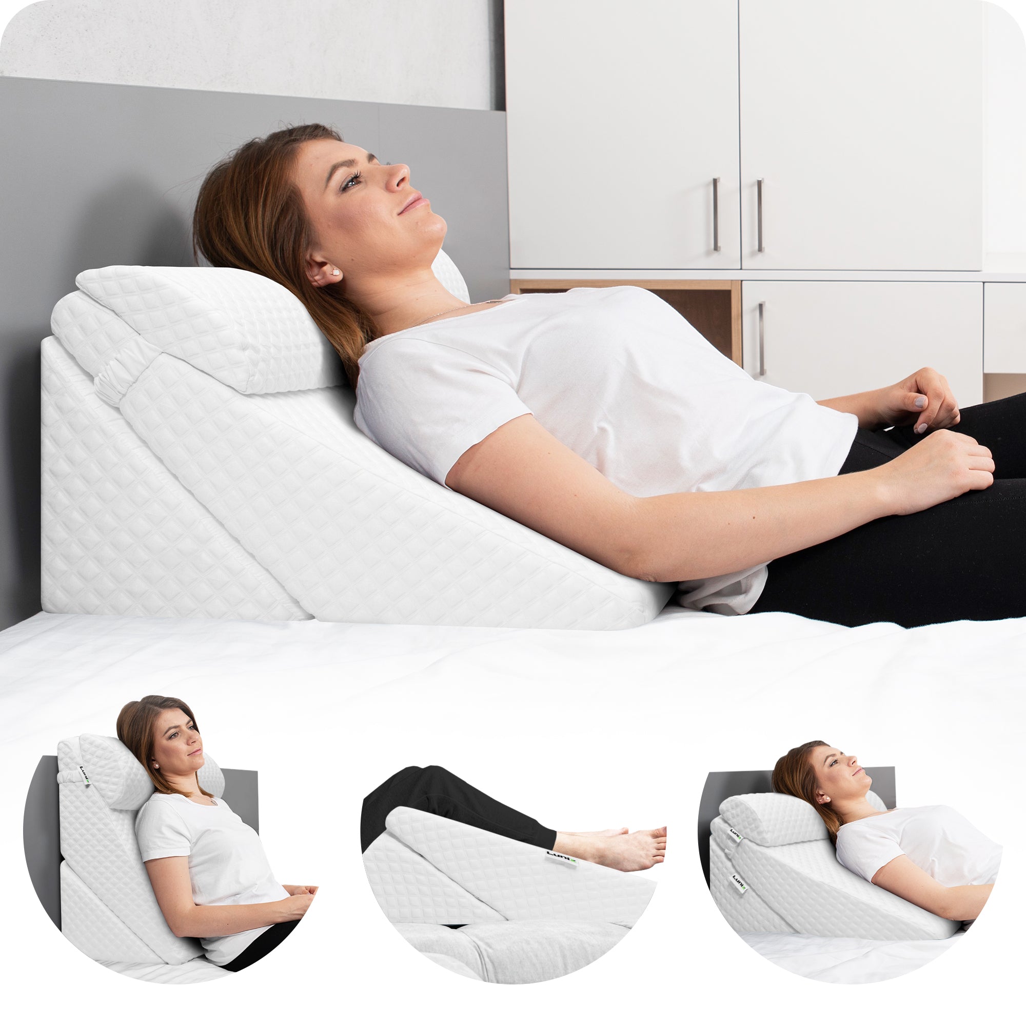 LX6 3-Piece Compact Support for Reading, Rest & Leg Elevation, Wedge Pillow Set, Pebble White