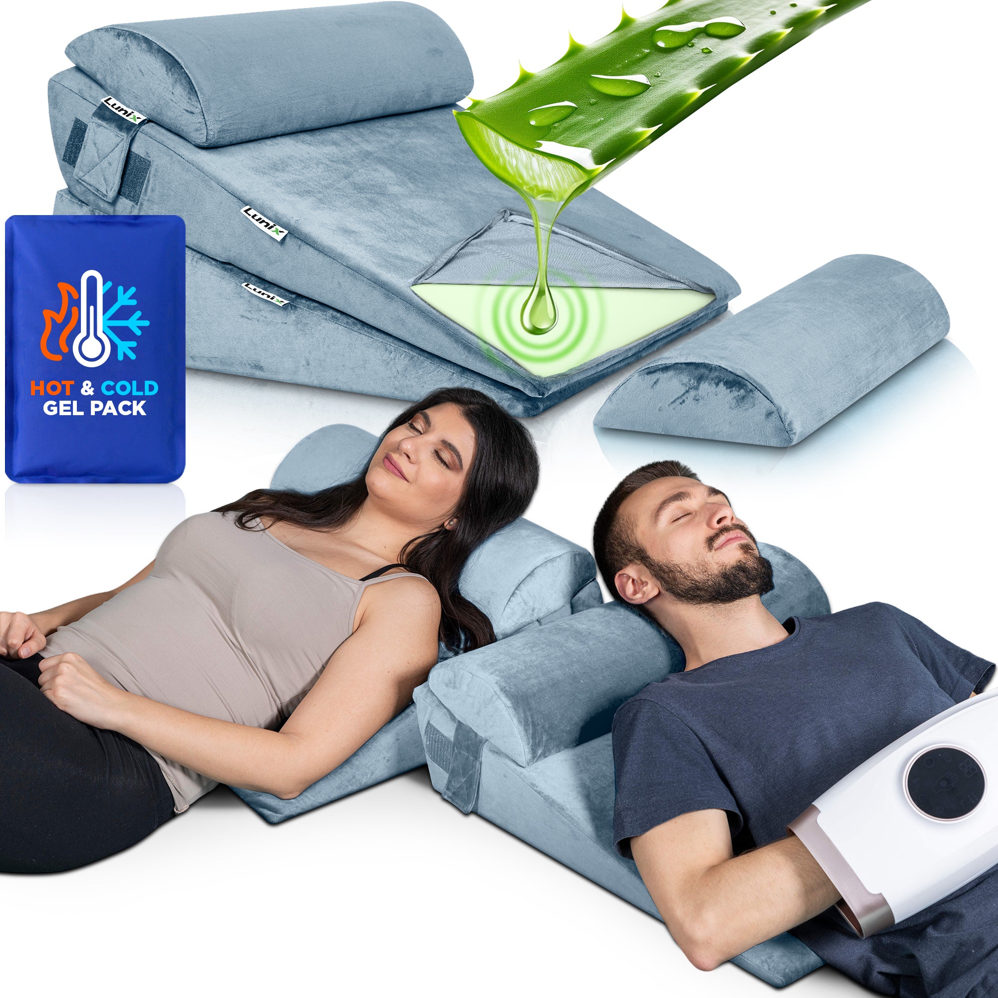 LX8 2-LAYER ALOE VERA MEMORY FOAM, ORTHOPEDIC WEDGE PILLOW SET, WITH HOT COLD PACK GRAY