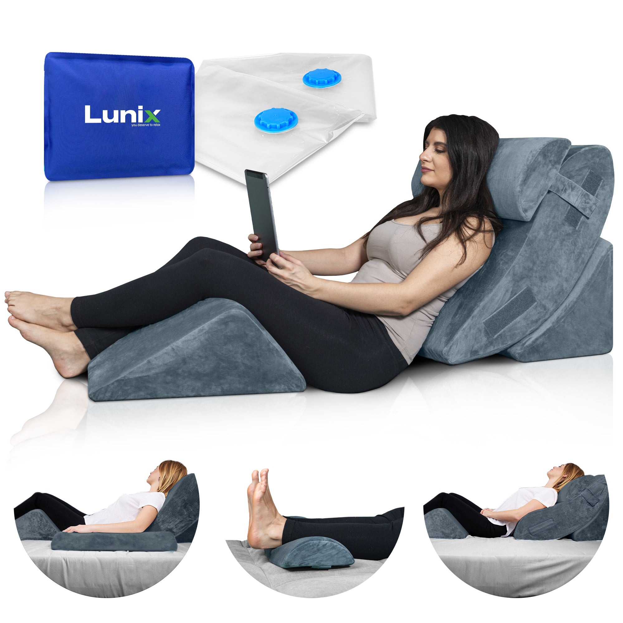 LX5 4pcs Orthopedic Bed Wedge Pillow System, with Hot Cold Pack 100% Navy