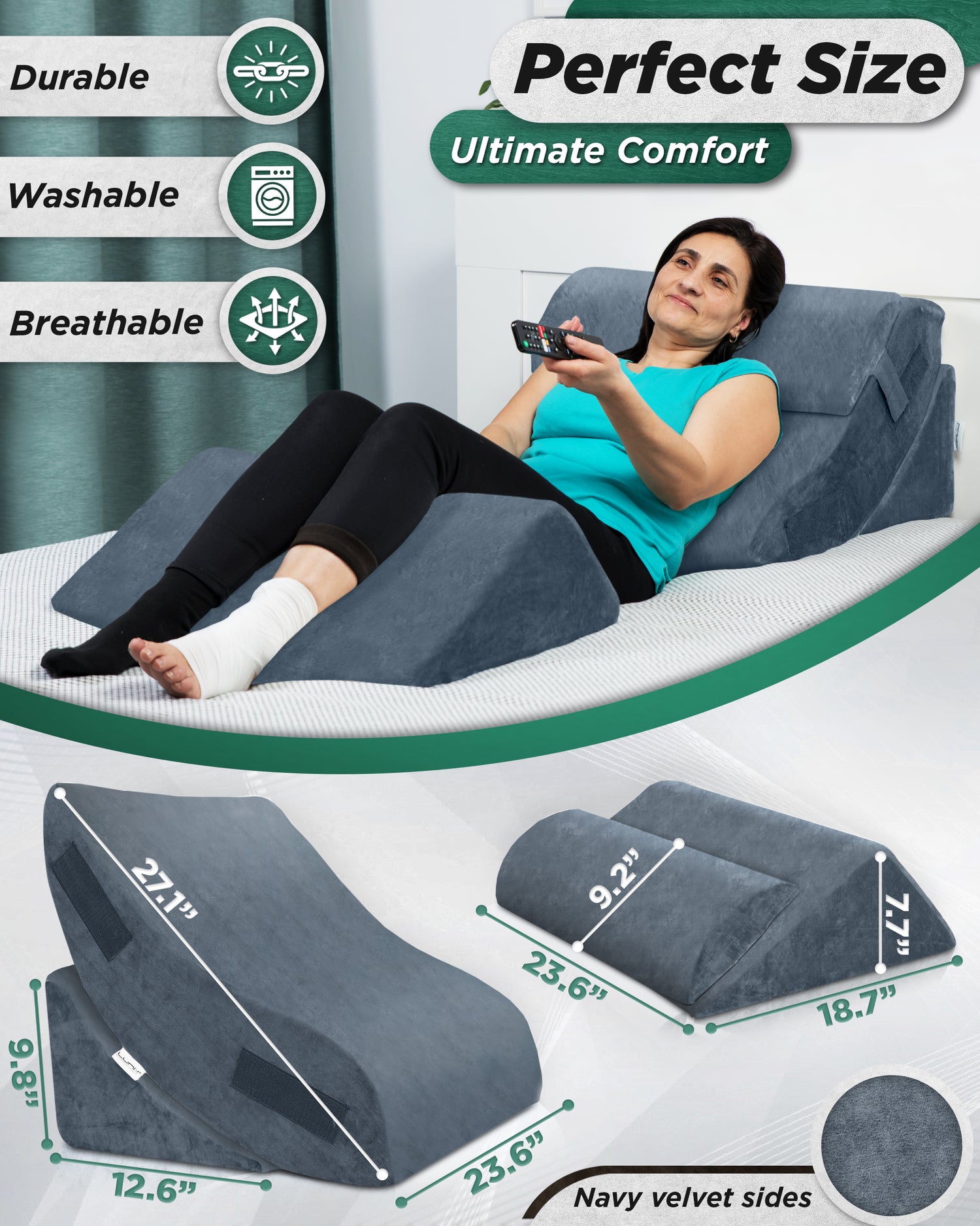 LX5 4pcs Orthopedic Bed Wedge Pillow System, with Hot Cold Pack  100% Navy