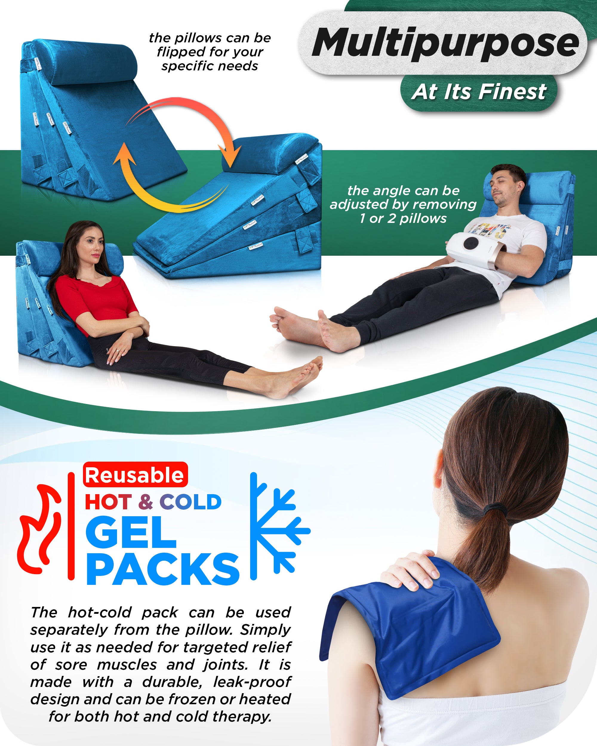 LX11 5pcs Orthopedic Bed Wedge Pillow System, with Hot Cold Pack Blue