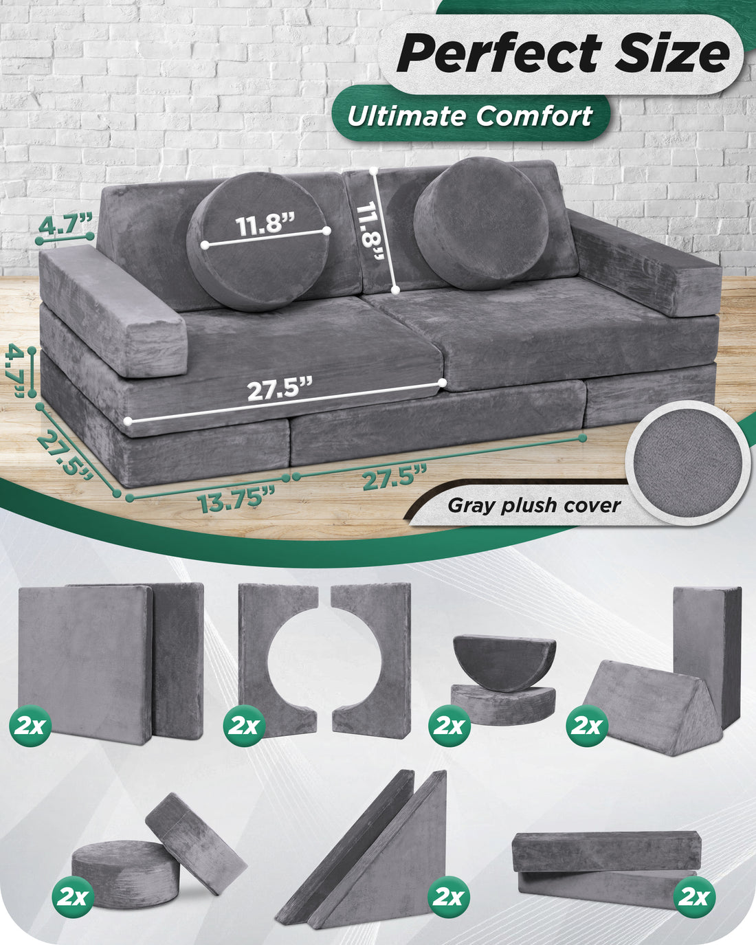 LX15 14pcs Modular Play Couch, Shadow Gray