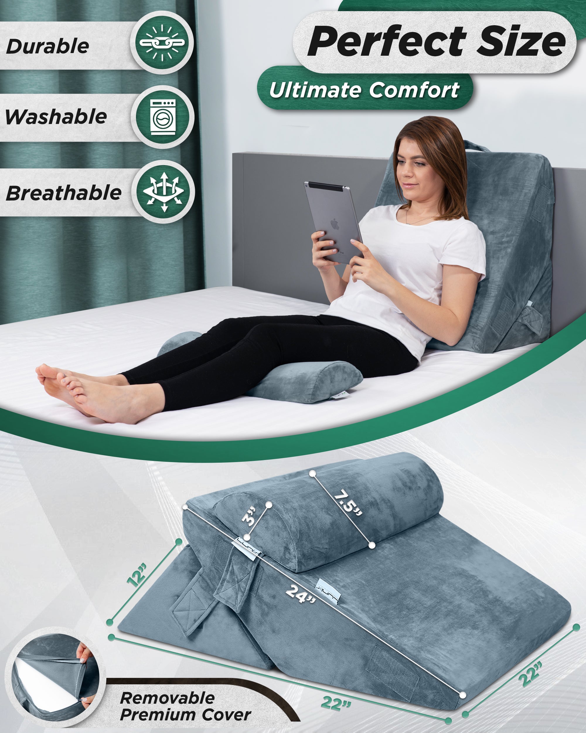 LX6 3pcs Aloe Vera Memory Foam, Orthopedic Bed Wedge Pillow System, with Hot Cold Pack Navy