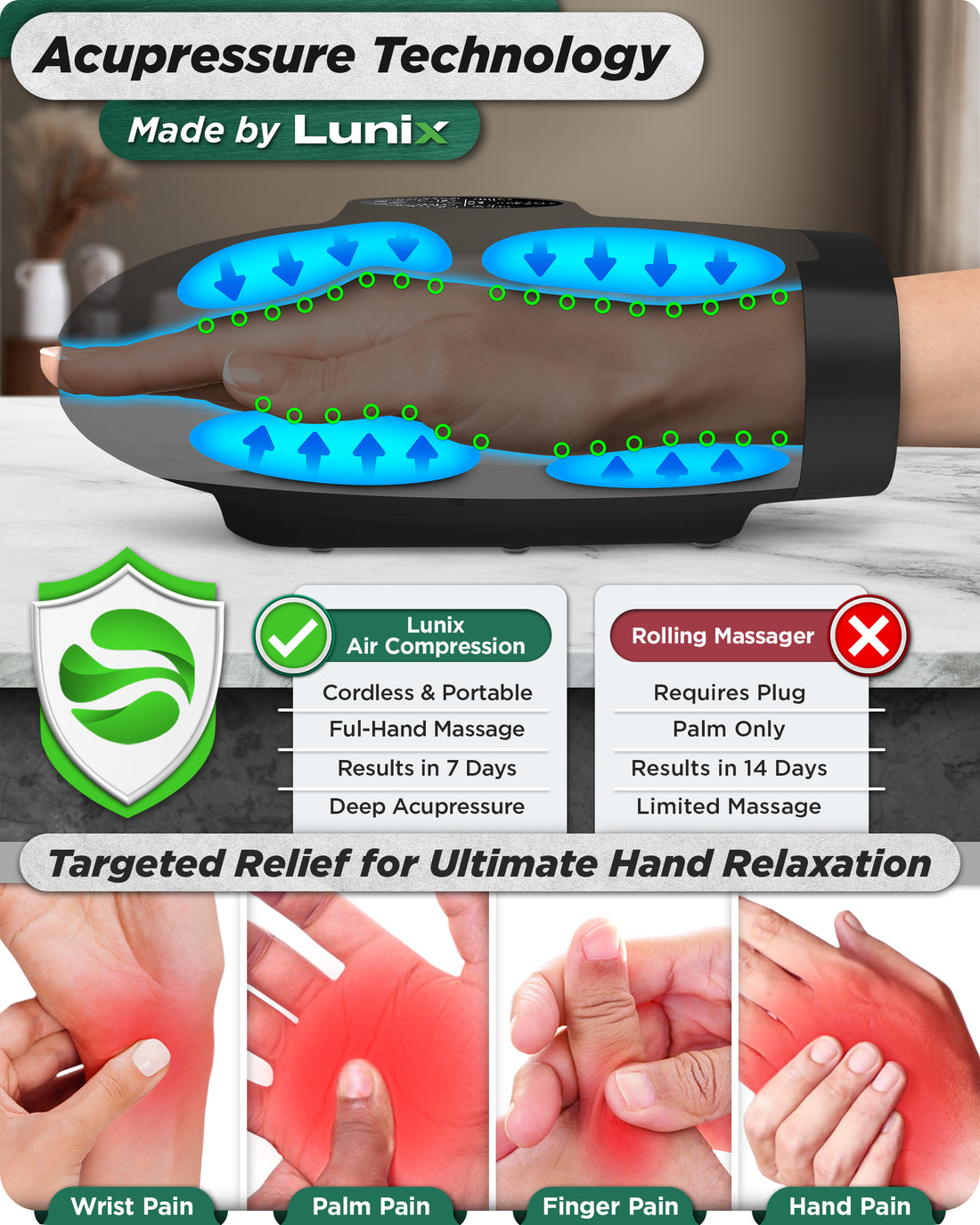 Lunix LX37 Hand Massager, Touchscreen Red Light Therapy for Hands, Charcoal Black