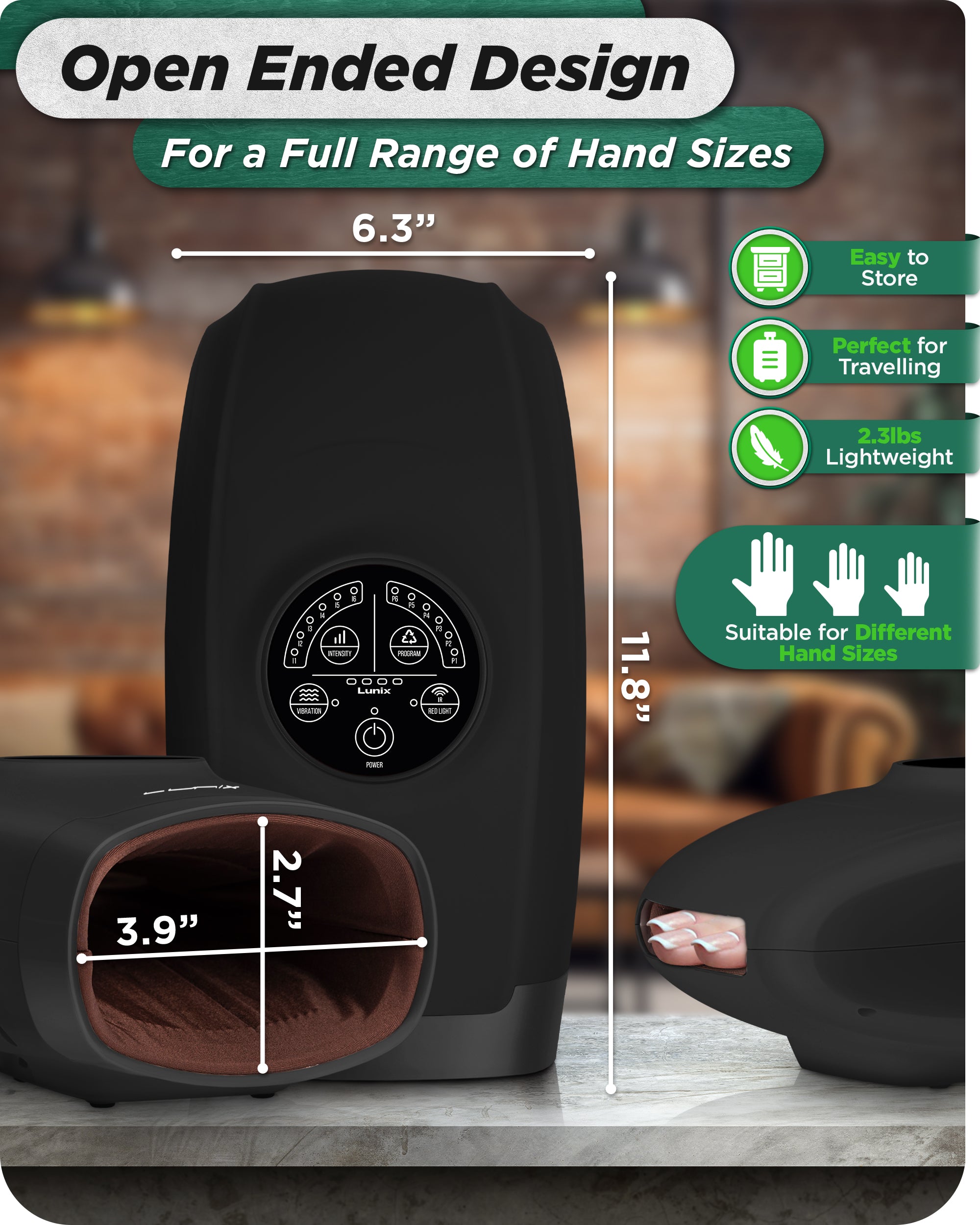 Lunix LX33 Hand Massager with Red Light Therapy, Carpal Tunnel & Wrist Pain Relief Device, Charcoal Black