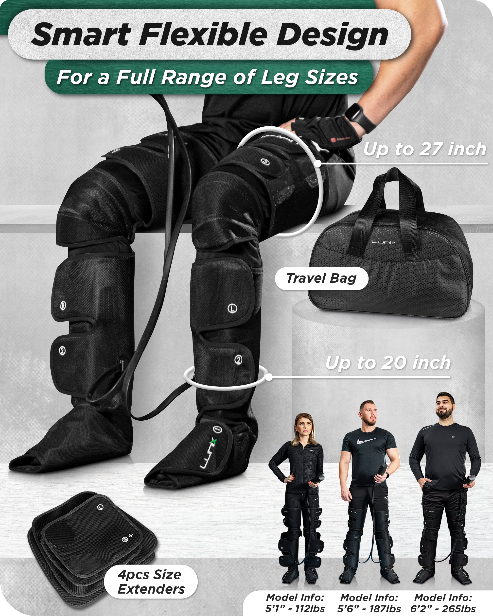LX10 FULL LEG COMPRESSION MASSAGER WITH HOT/COLD PACK - BLACK - UPGRADED