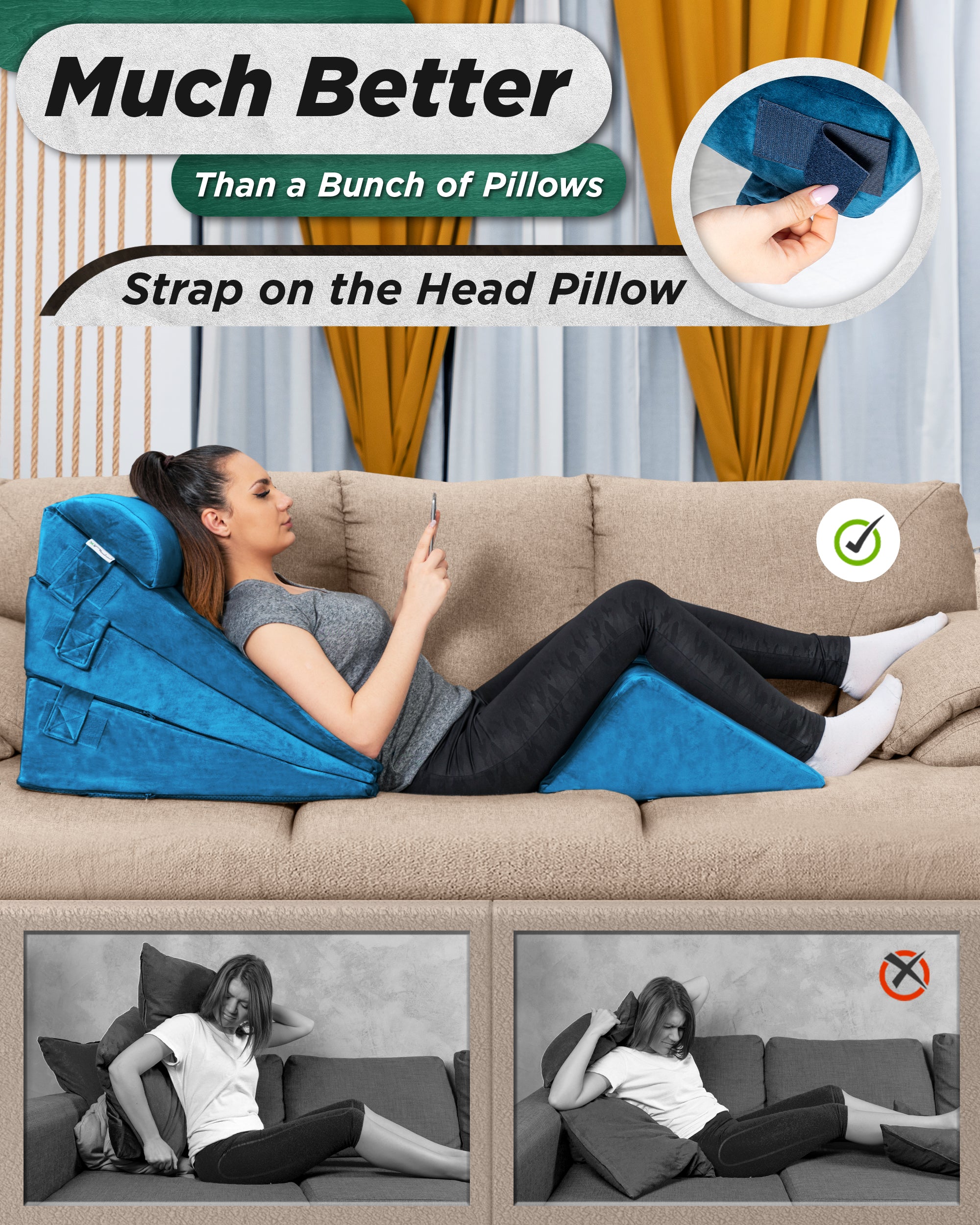 LX11 5pcs Orthopedic Bed Wedge Pillow System, with Hot Cold Pack Blue