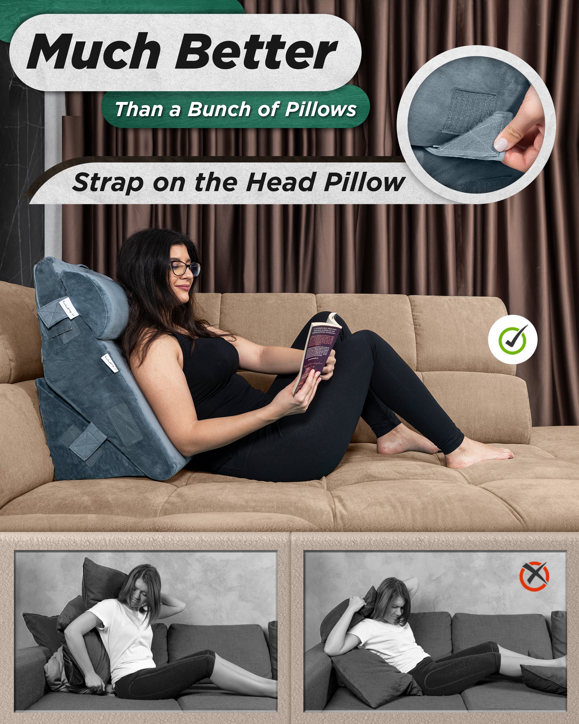 LX6 3-Piece Compact Support for Reading, Rest & Leg Elevation, Wedge Pillow Set, Stone Navy