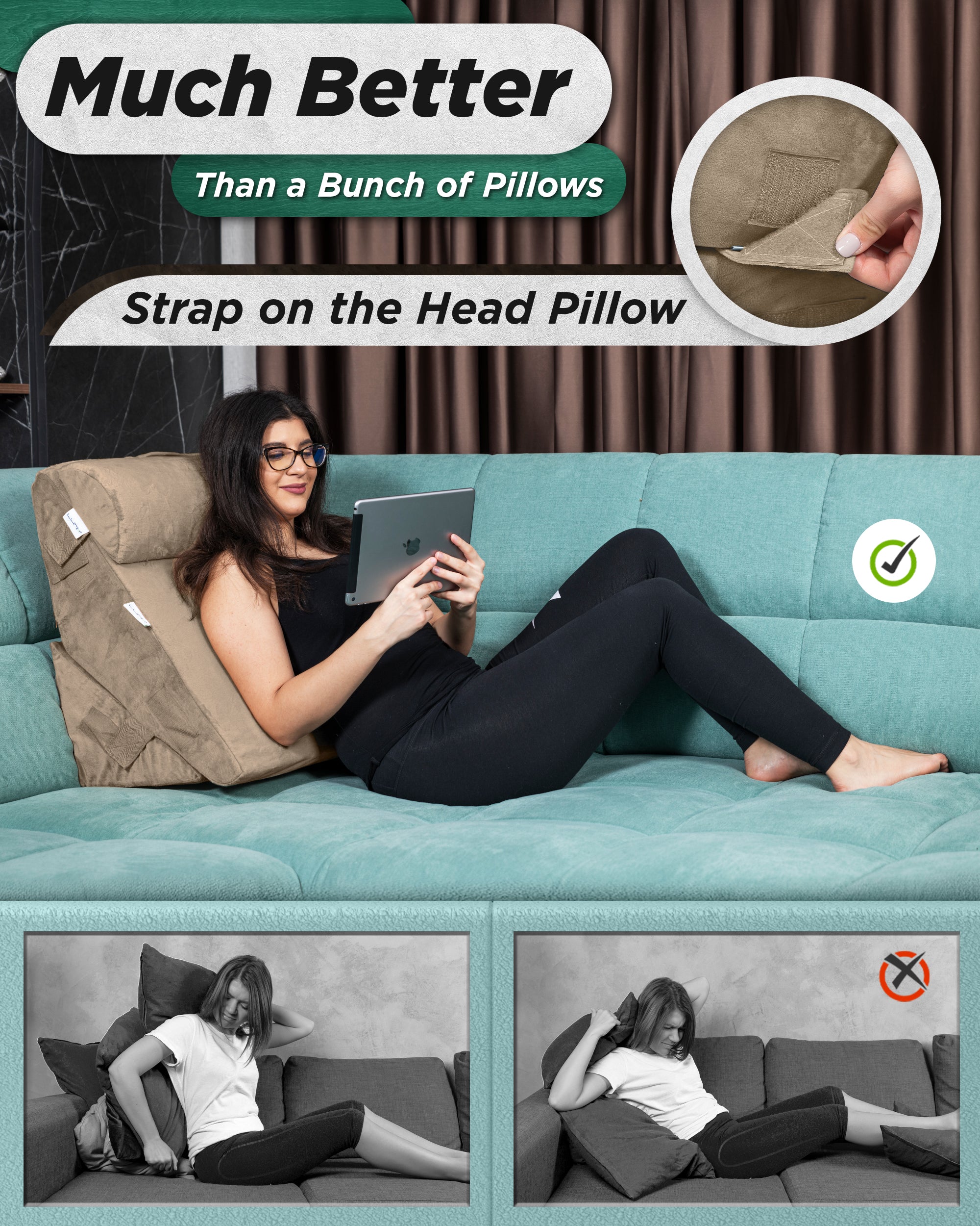 LX6 3pcs Orthopedic Bed Wedge Pillow System, with Hot Cold Pack Brown