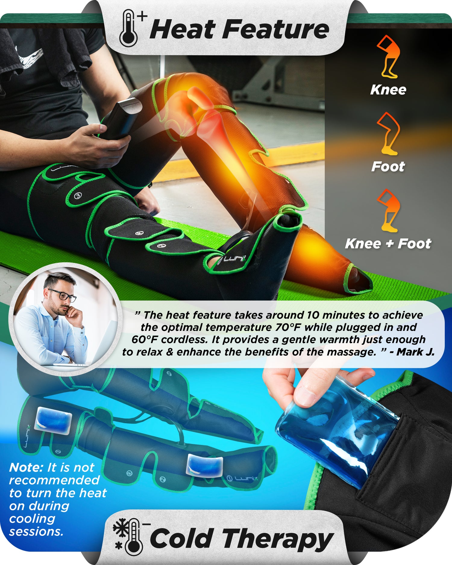 LX10 FULL LEG COMPRESSION MASSAGER WITH HOT/COLD PACK - GREEN - UPGRADED