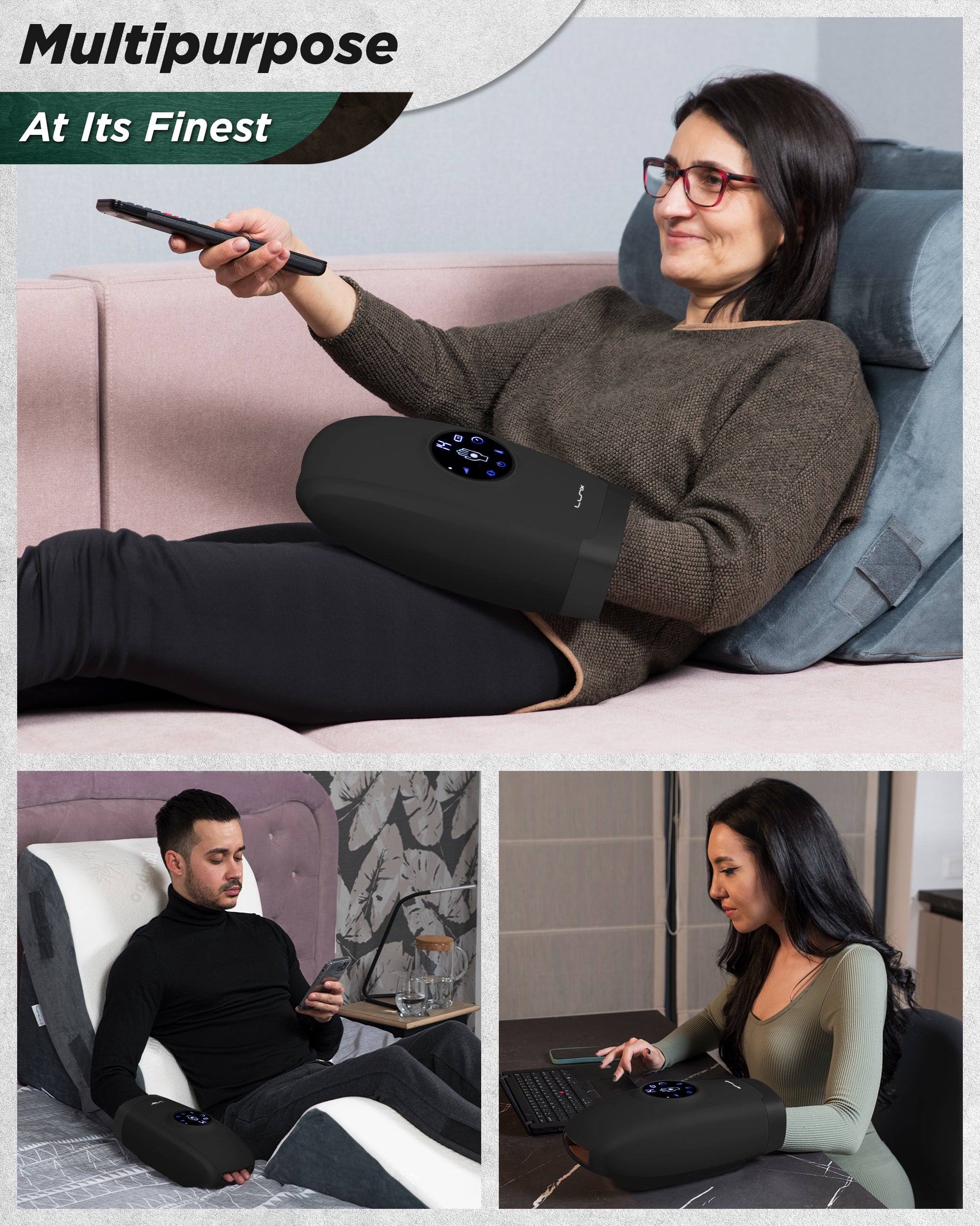 LX7 LCD Touchscreen Hand Massager, Heated Air Compression, Charcoal Black