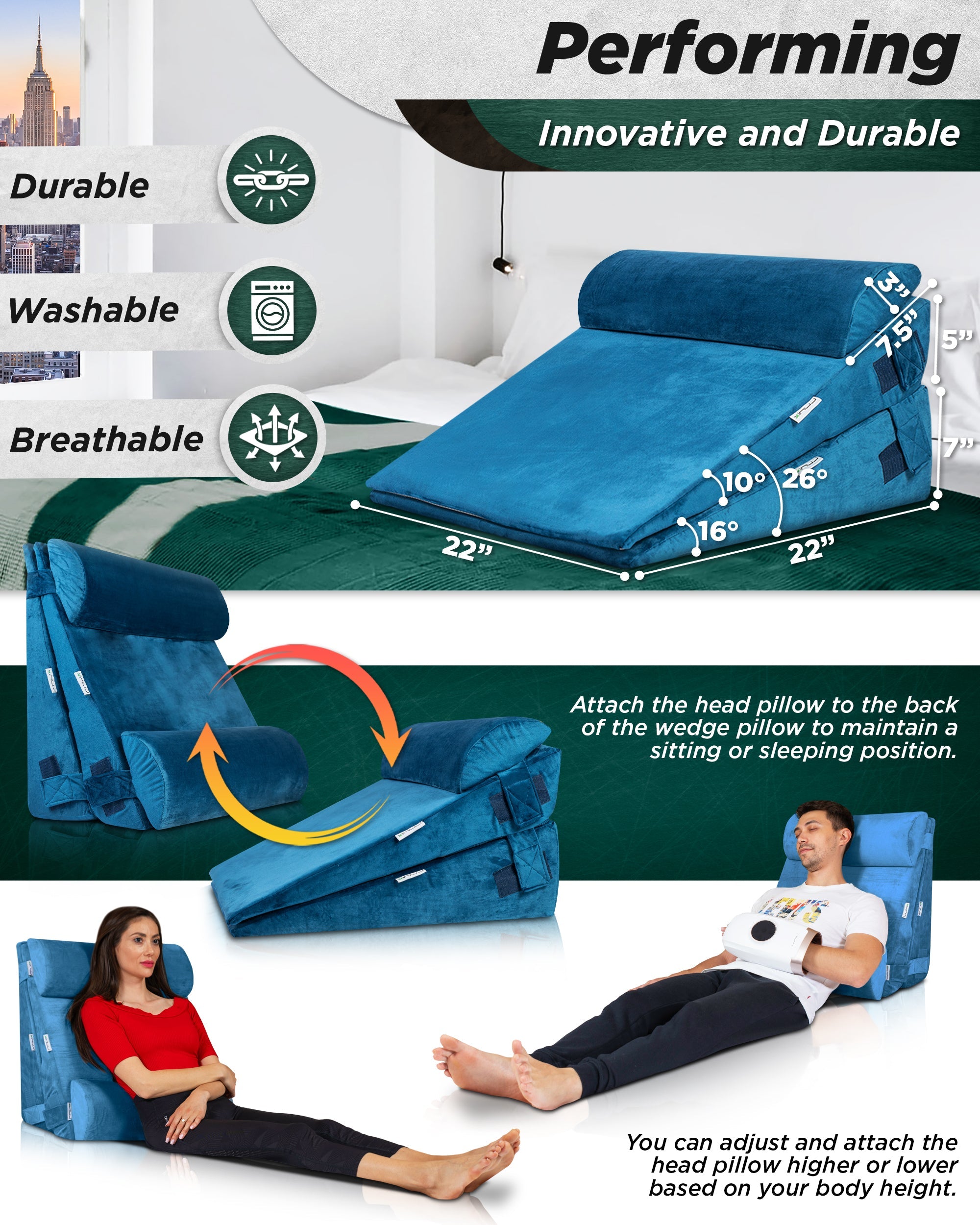 LX8 4-Piece Support for Nighttime Digestive Discomfort & Easier Breathing, Wedge Pillow Set, Ocean Blue