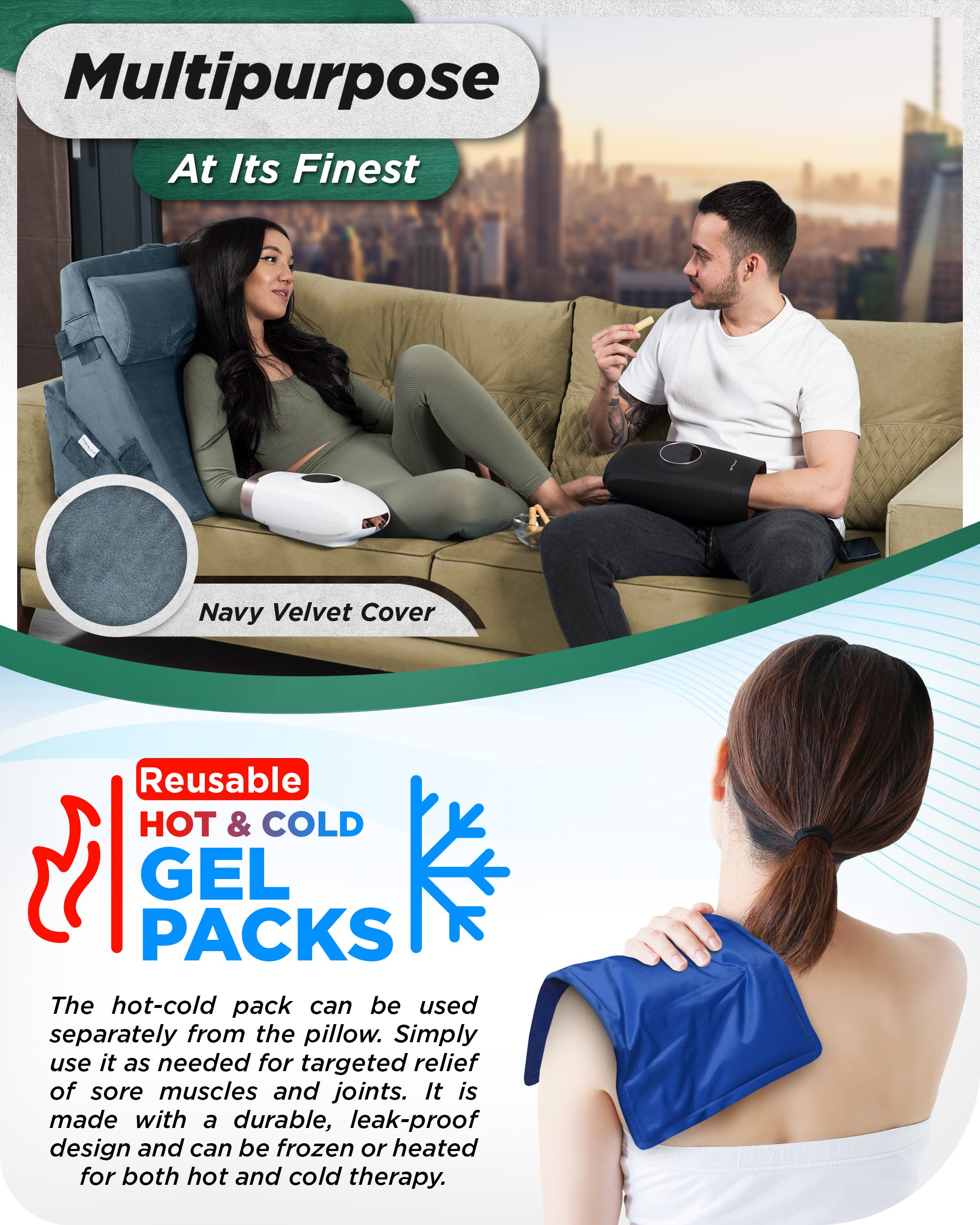 LX6 3-Piece Compact Support for Reading, Rest & Leg Elevation, Wedge Pillow Set, Stone Navy