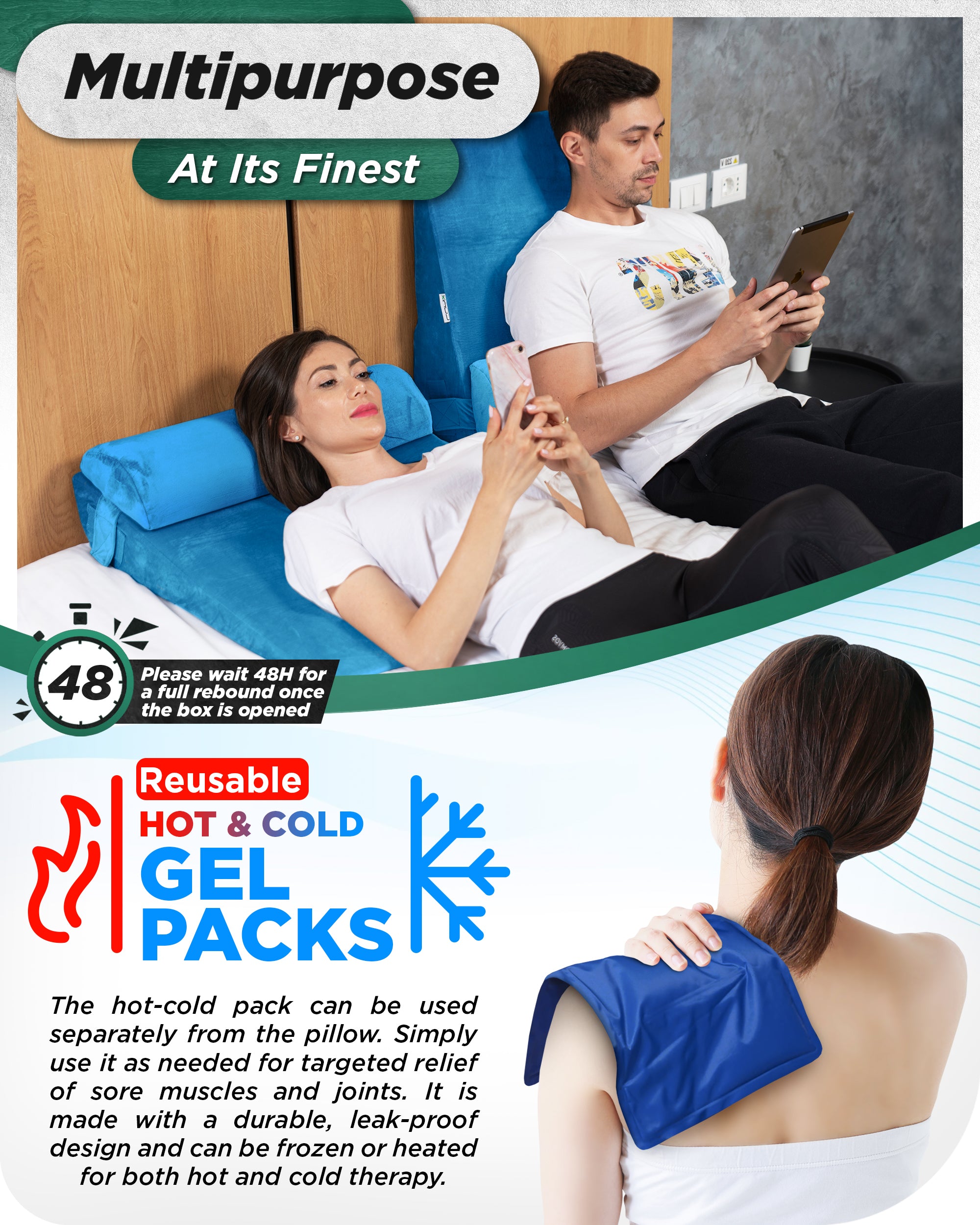 LX8 2-LAYER ORTHOPEDIC WEDGE PILLOW SET, WITH HOT COLD PACK BLUE