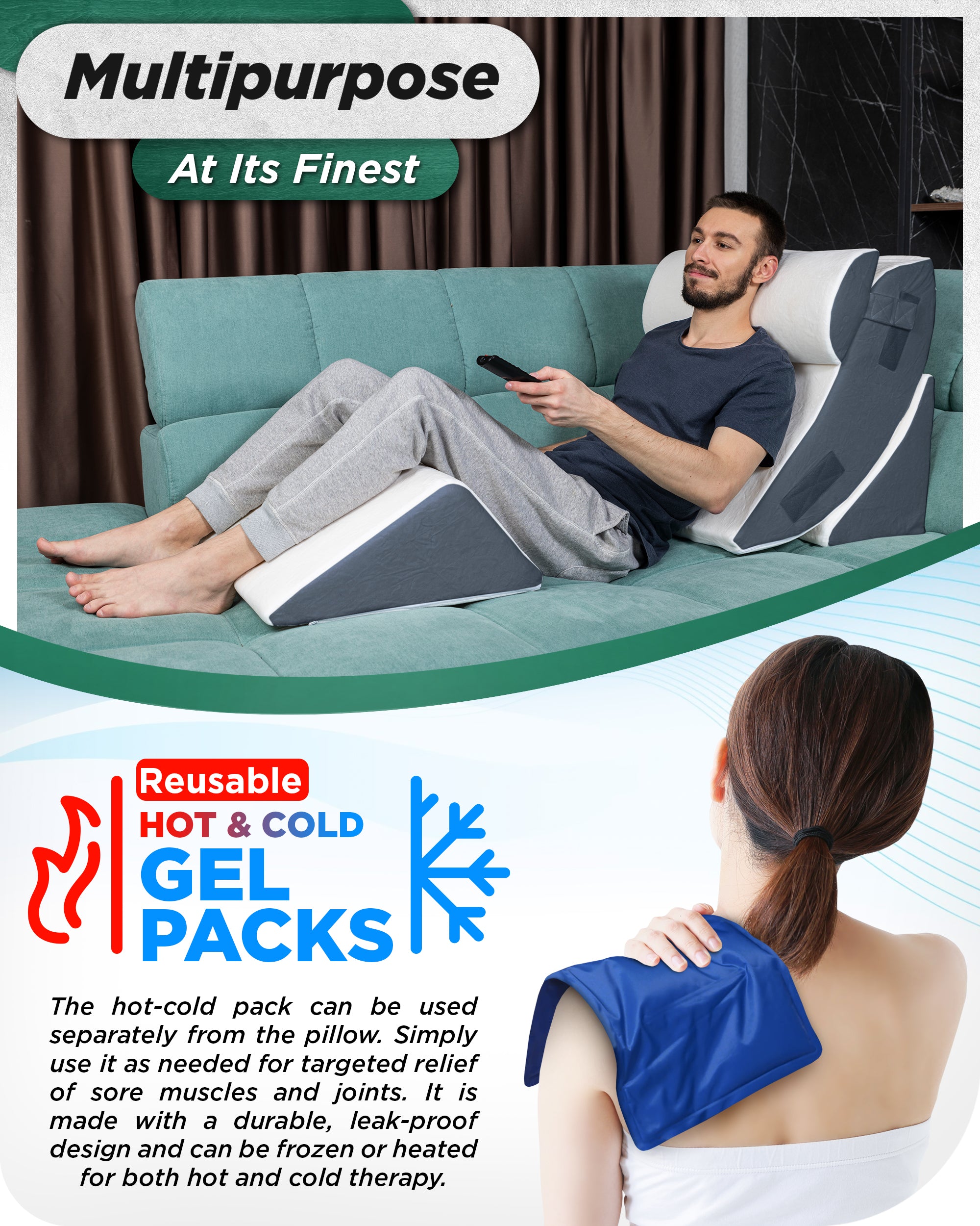 LX5 4pcs Orthopedic Bed Wedge Pillow System, with Hot Cold Pack Navy