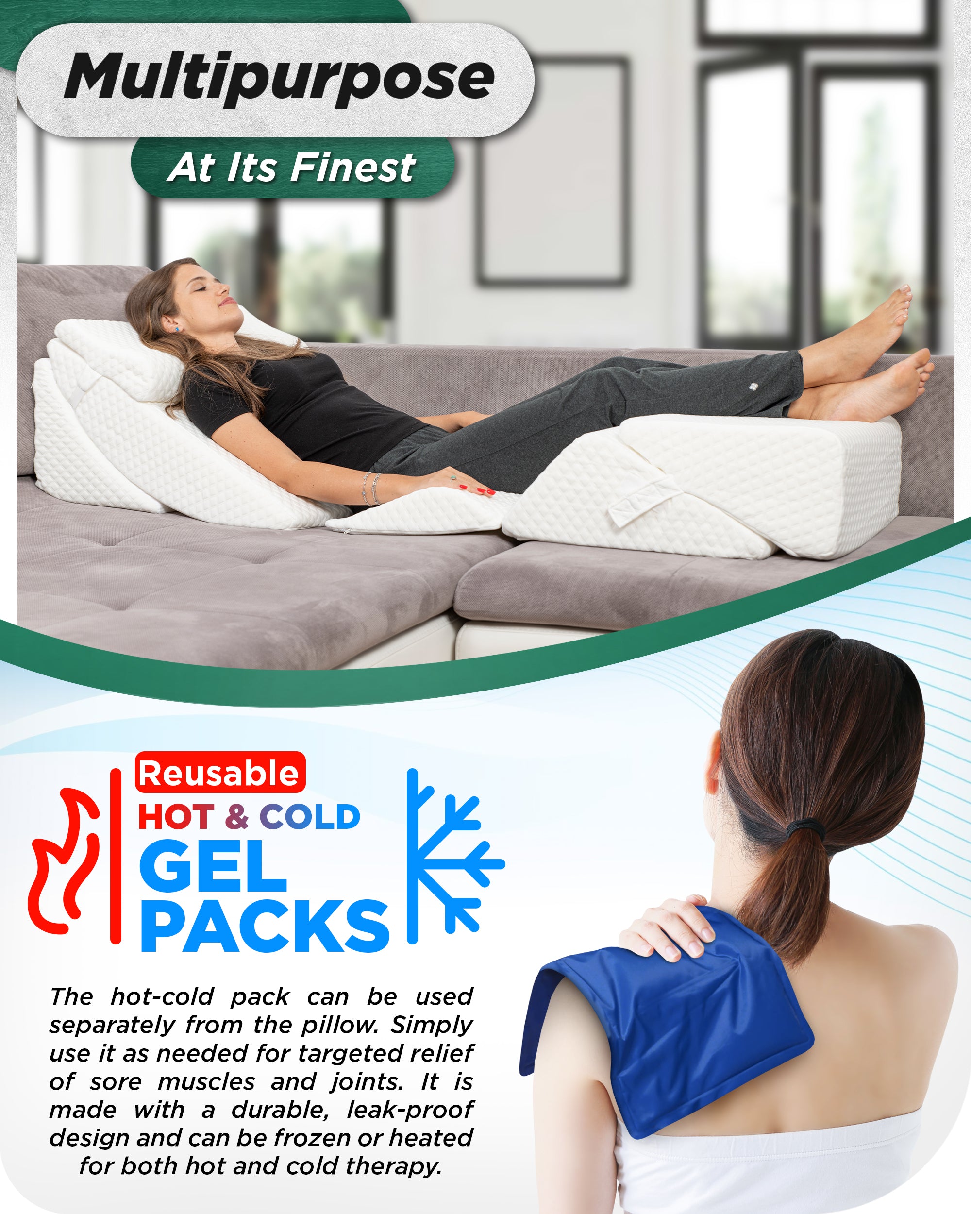 LX13 6pcs Orthopedic Bed Wedge Pillow System, with Hot Cold Pack White