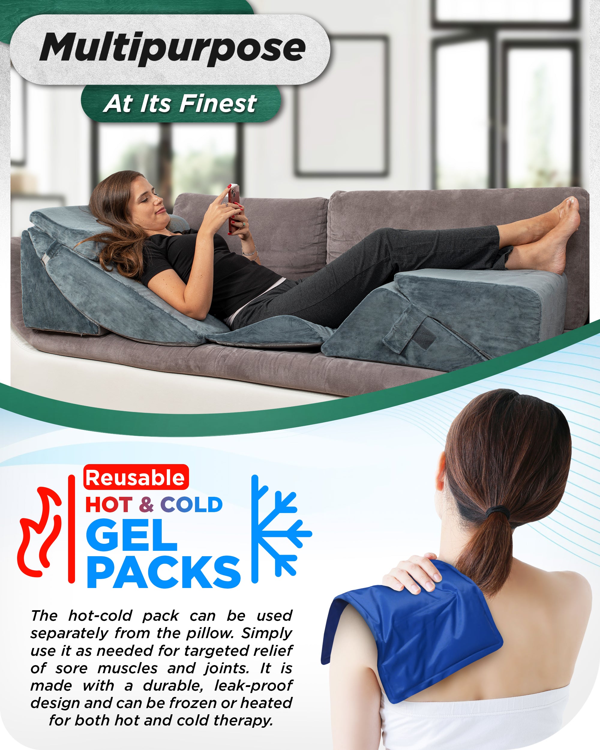 LX13 6pcs Aloe Vera Memory Foam, Orthopedic Bed Wedge Pillow System, with Hot Cold Pack Navy