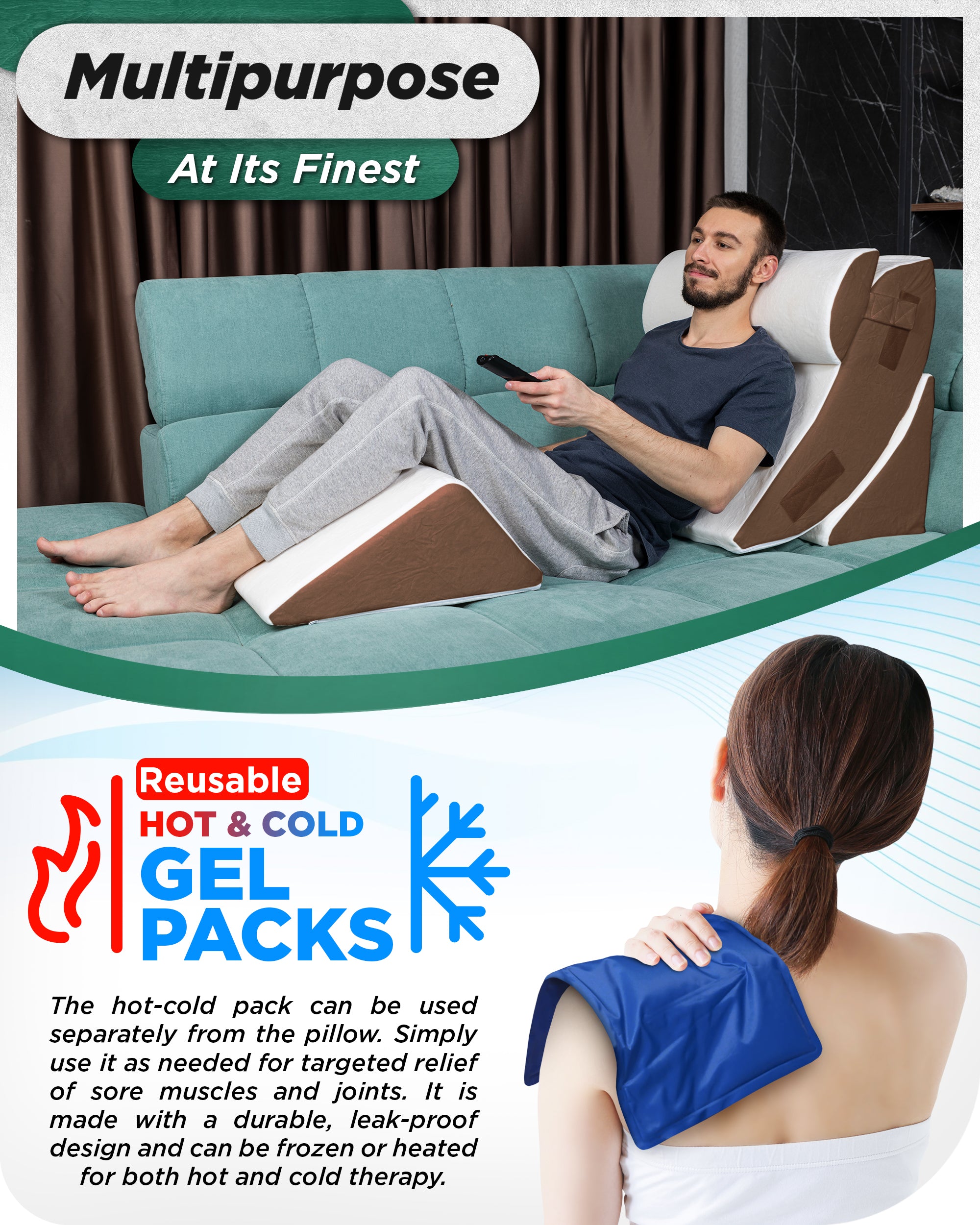 LX5 4pcs Orthopedic Bed Wedge Pillow System, with Hot Cold Pack Brown