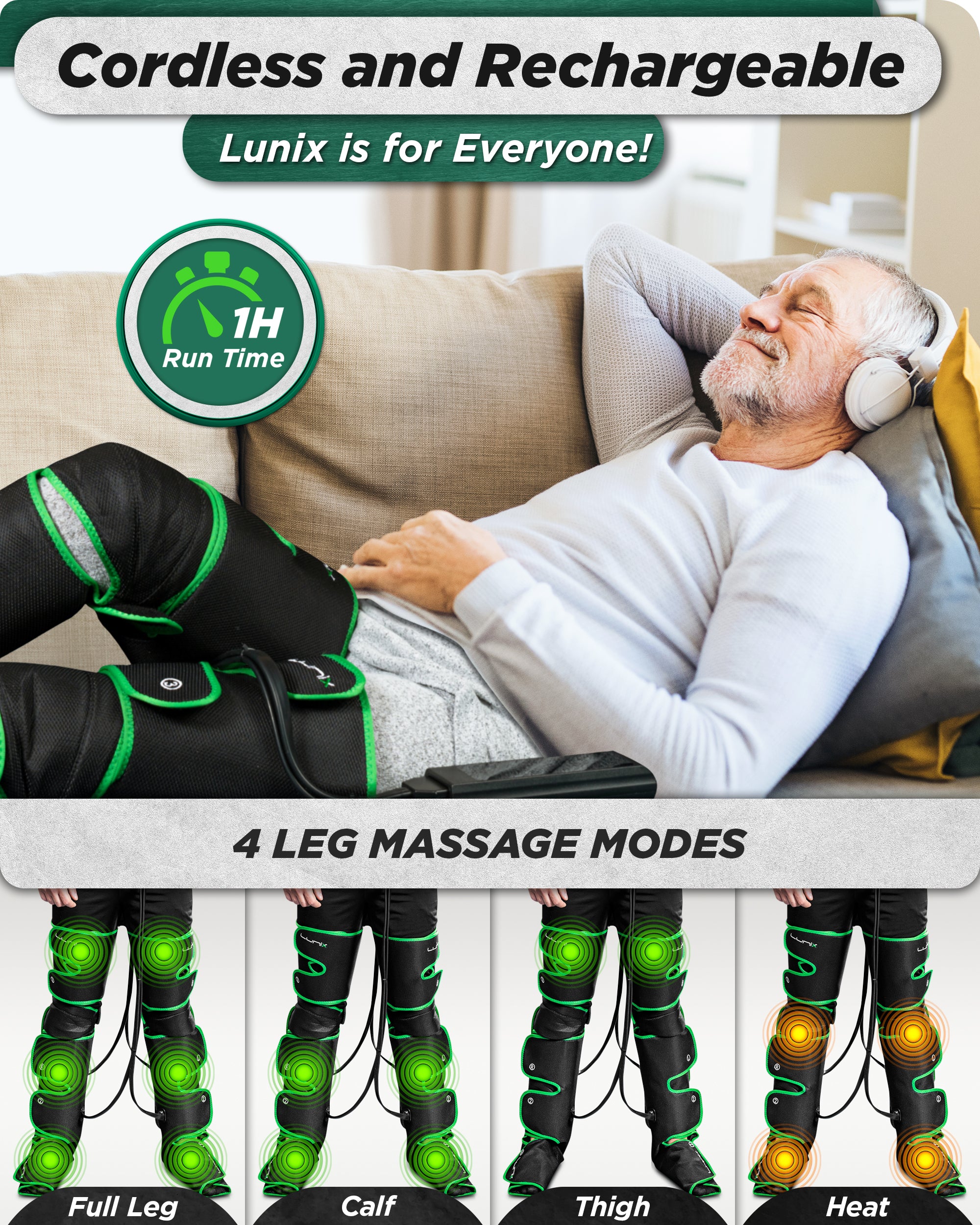 LX10 FULL LEG COMPRESSION MASSAGER WITH HOT/COLD PACK - GREEN - UPGRADED