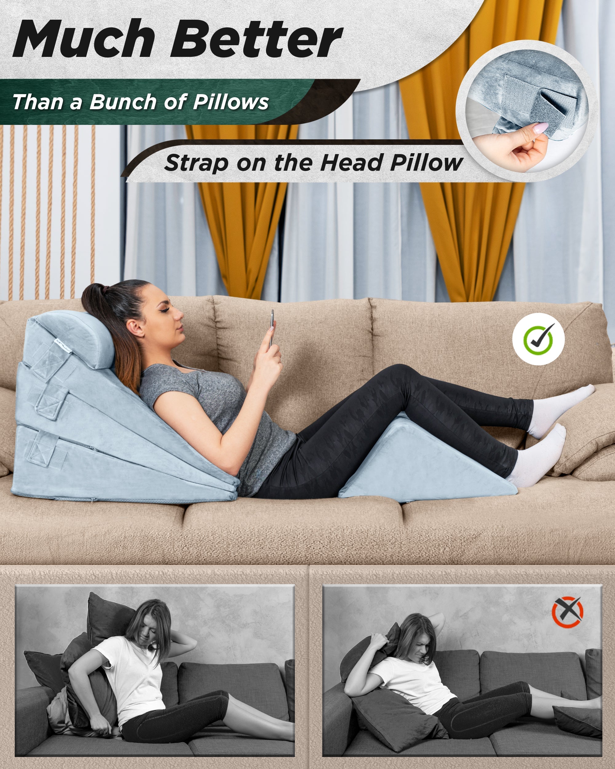 LX11 5pcs Orthopedic Bed Wedge Pillow System, with Hot Cold Pack Gray