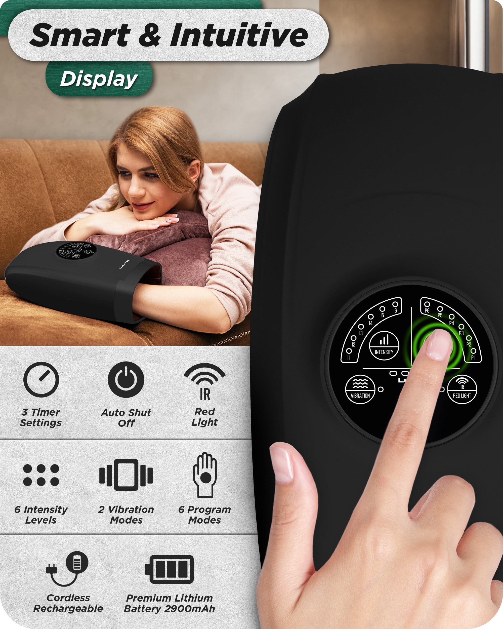 Lunix LX33 Hand Massager with Red Light Therapy, Carpal Tunnel & Wrist Pain Relief Device, Charcoal Black