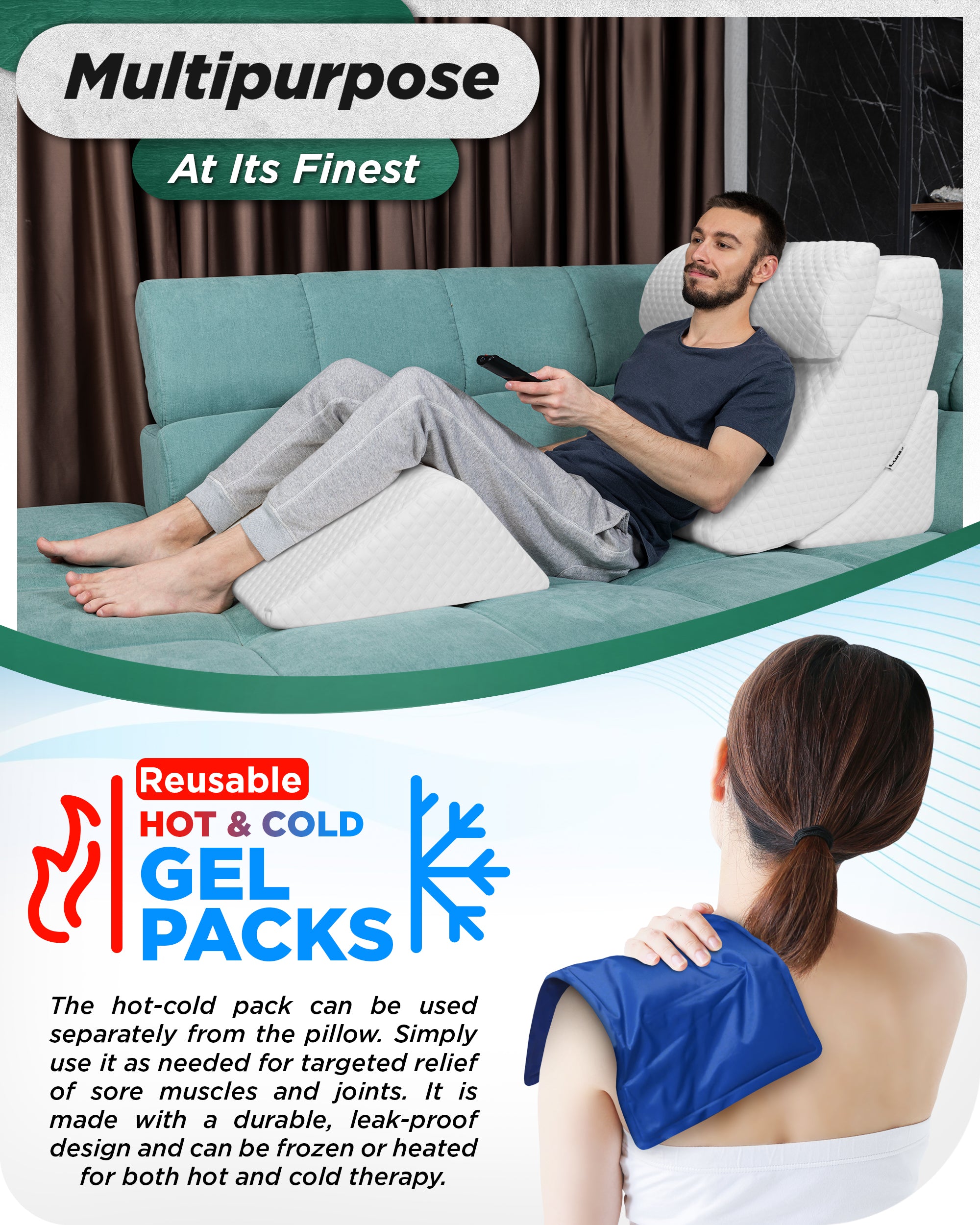 LX5 4pcs Orthopedic Bed Wedge Pillow System, with Hot Cold Pack White