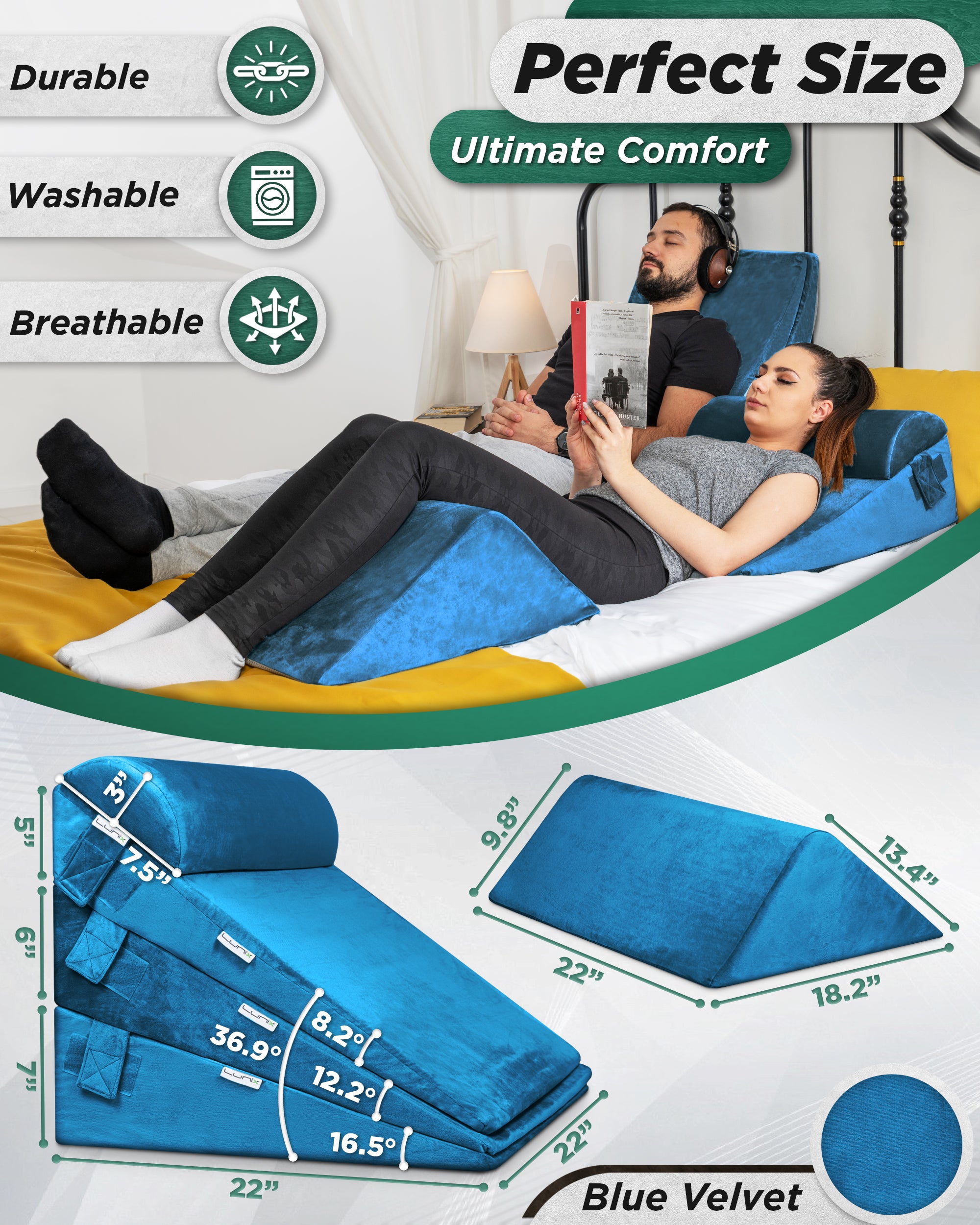 LX11 5pcs Orthopedic Bed Wedge Pillow System, with Hot Cold Pack Blue