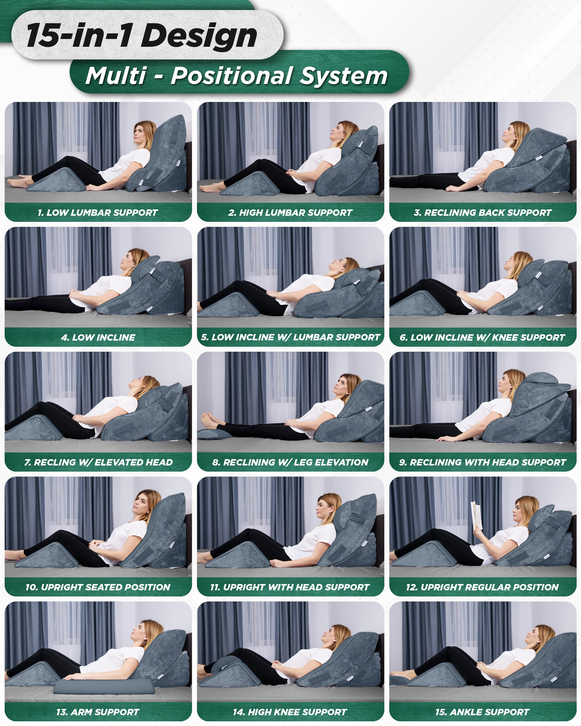 LX5 4pcs Orthopedic Bed Wedge Pillow System, with Hot Cold Pack 100% Navy