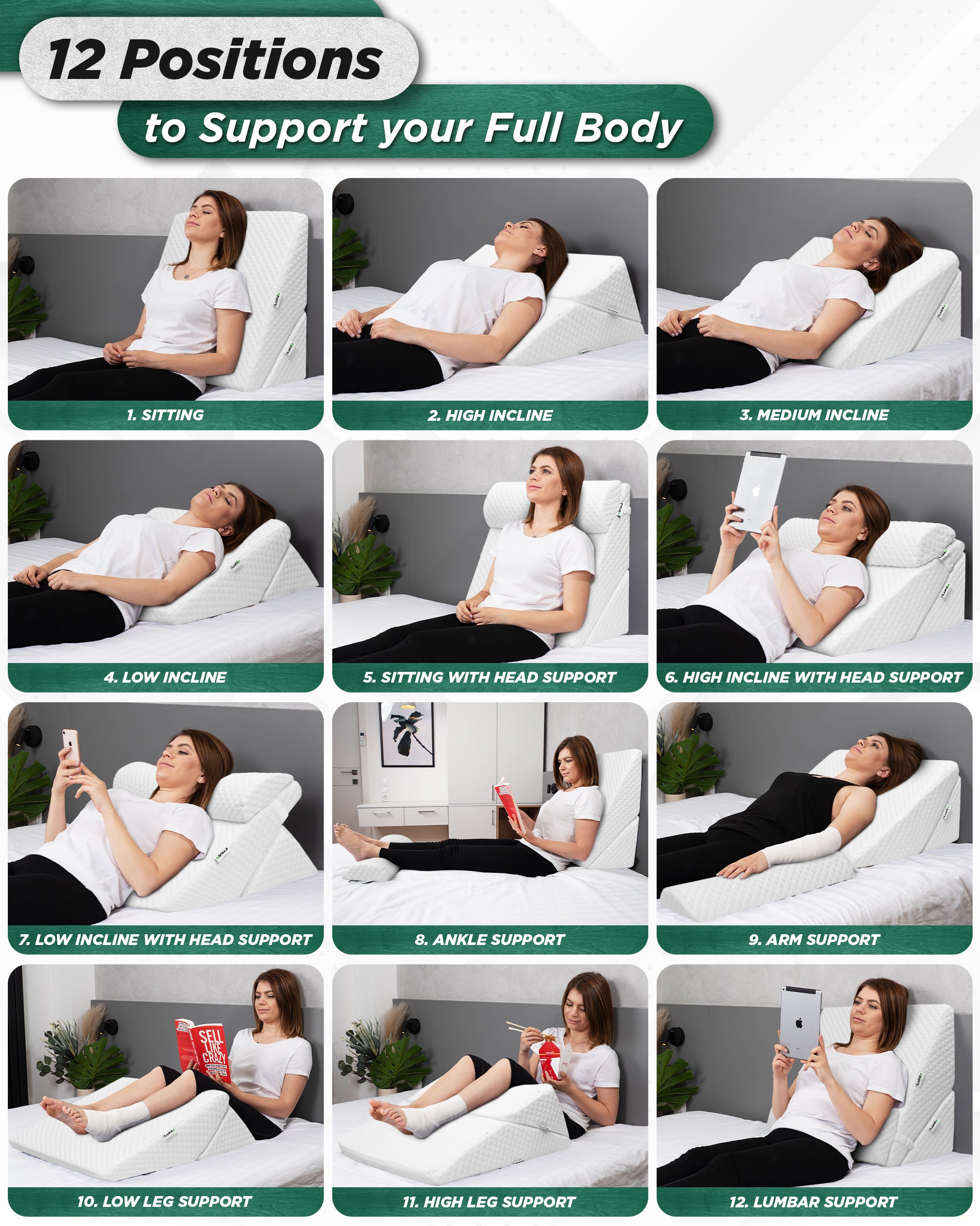 LX6 3-Piece Compact Support for Reading, Rest & Leg Elevation, Wedge Pillow Set, Pebble White