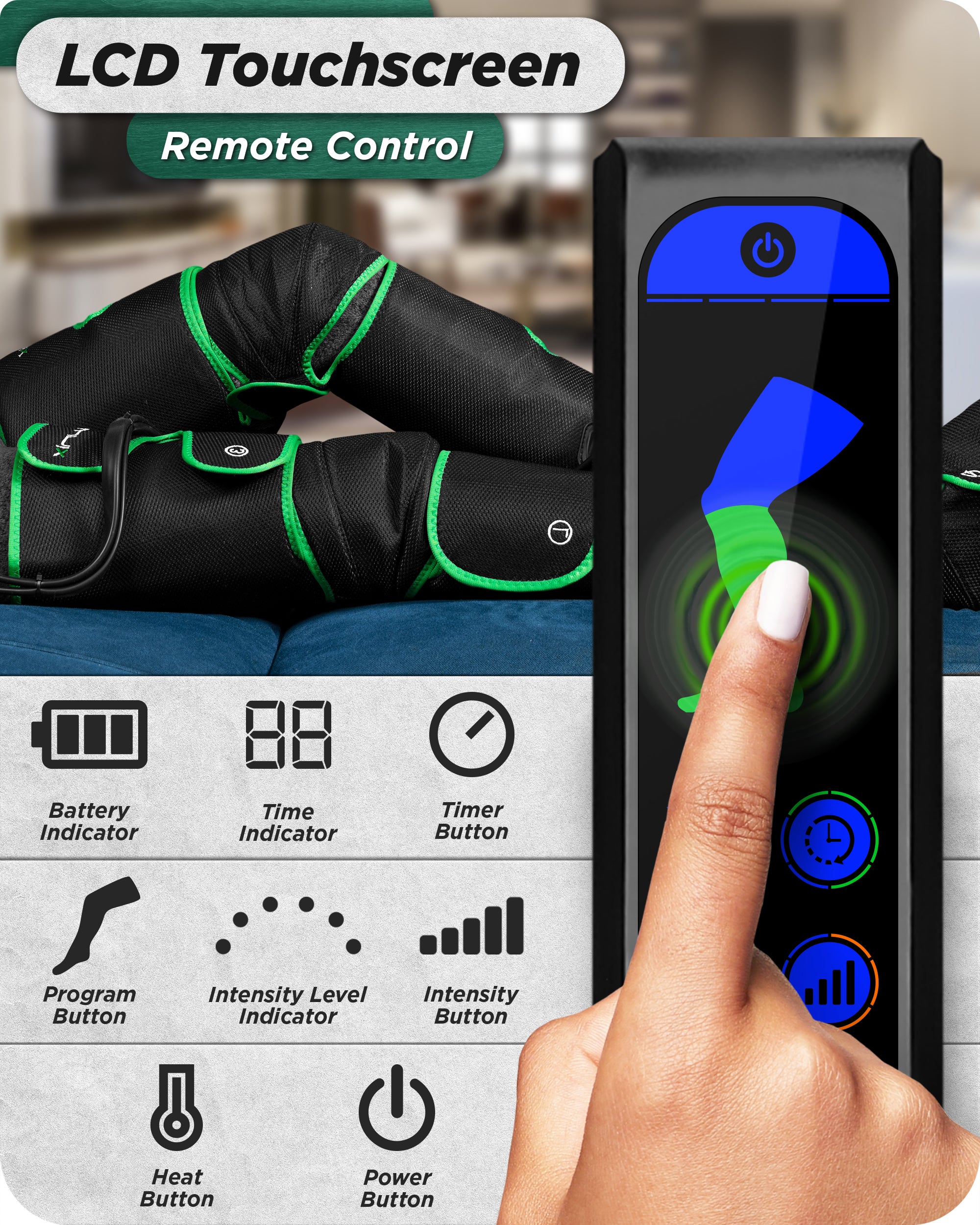 LX10 FULL LEG COMPRESSION MASSAGER WITH HOT/COLD PACK - GREEN - UPGRADED