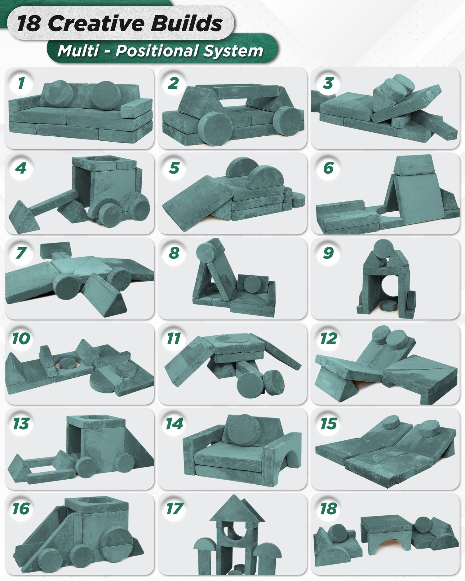 LX15 14pcs Modular Kids Couch Teal Blue