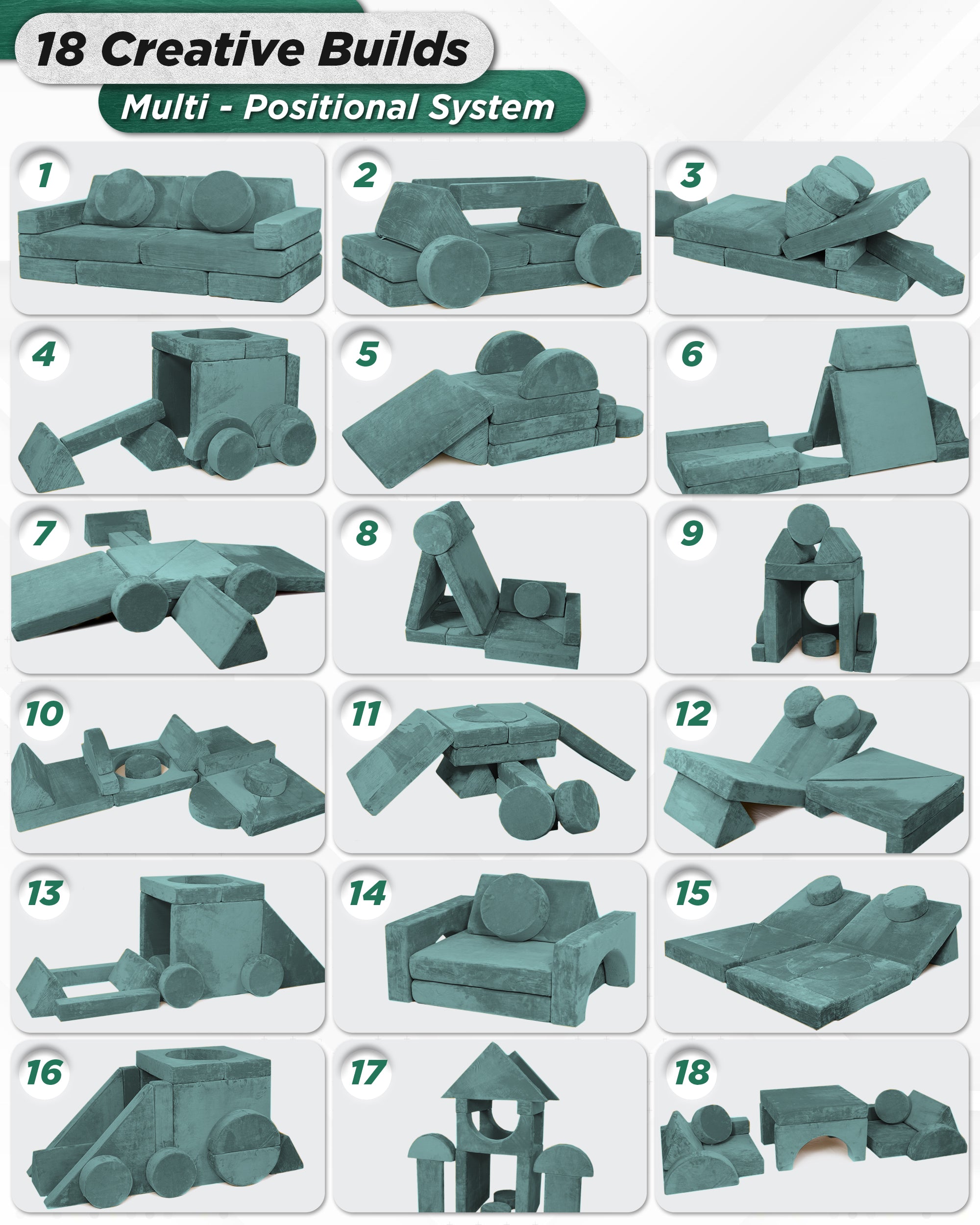 LX15 14pcs Modular Kids Couch Teal Blue