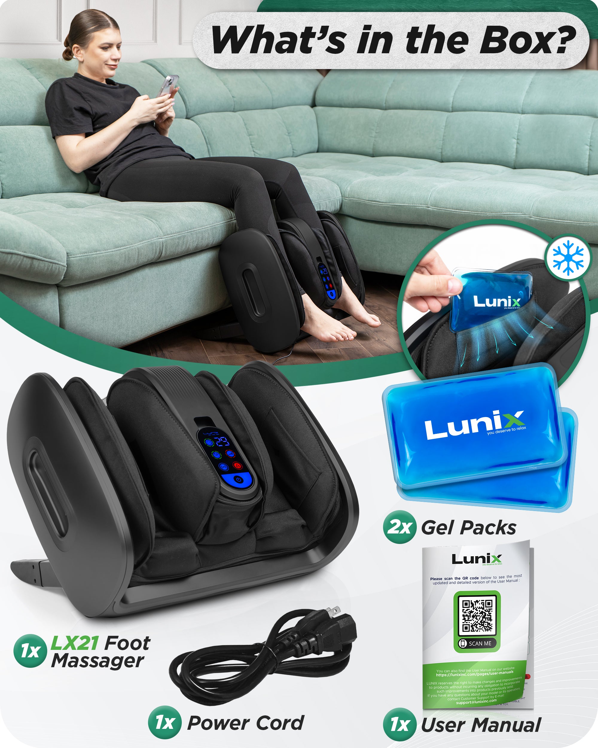 LX21 Foot and Calf Massager with Remote, Neuropathy & Plantar Fasciitis Relief, Granite Black