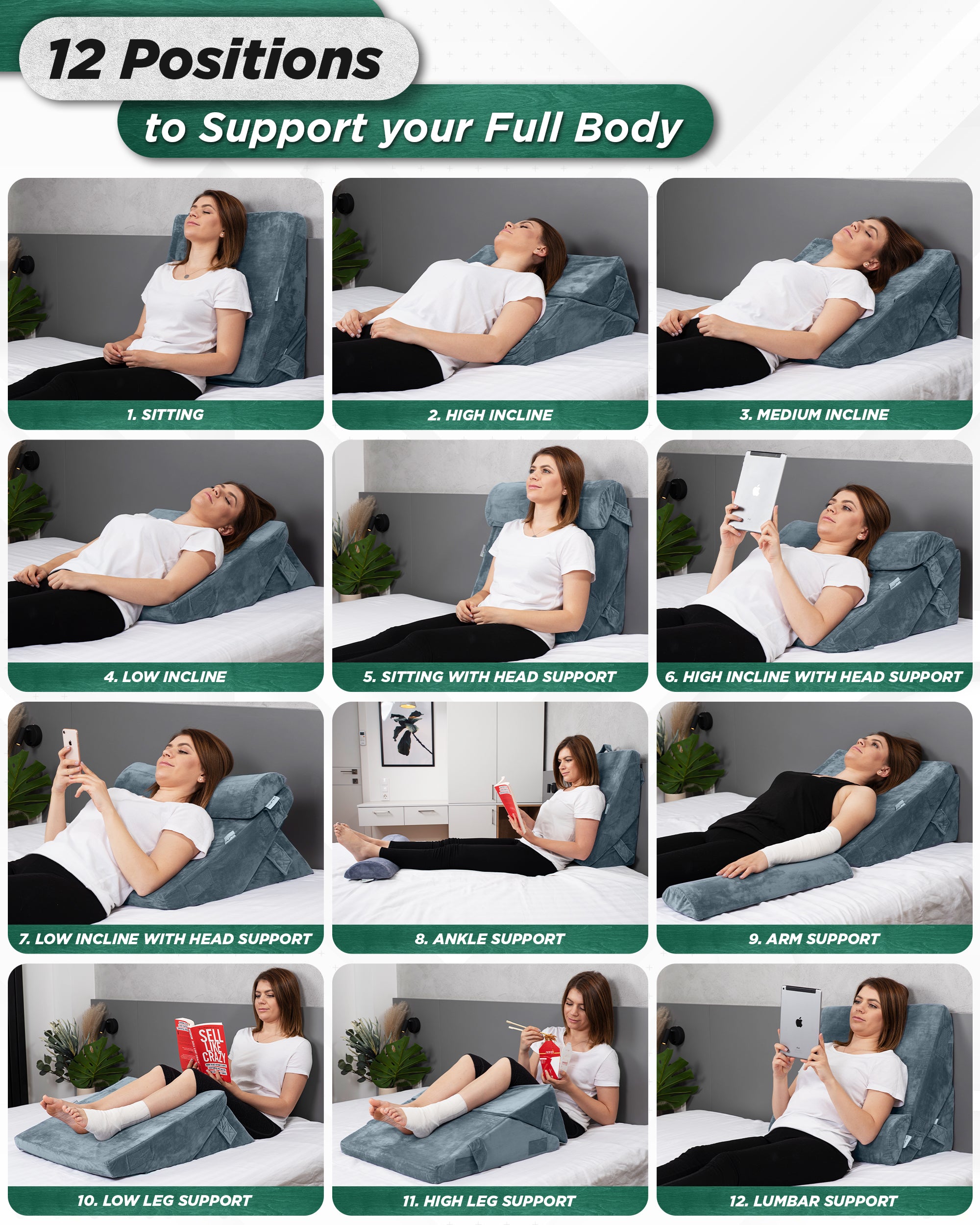 LX6 3pcs Aloe Vera Memory Foam, Orthopedic Bed Wedge Pillow System, with Hot Cold Pack Navy