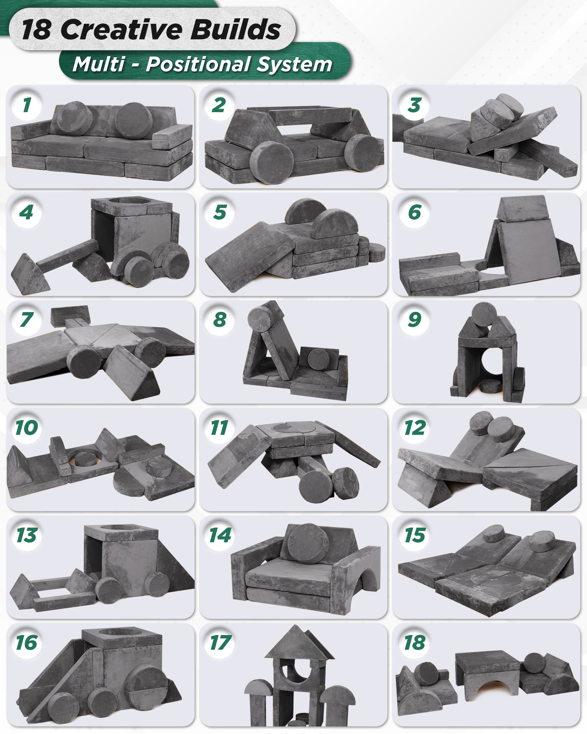 LX15 14pcs Modular Play Couch, Shadow Gray