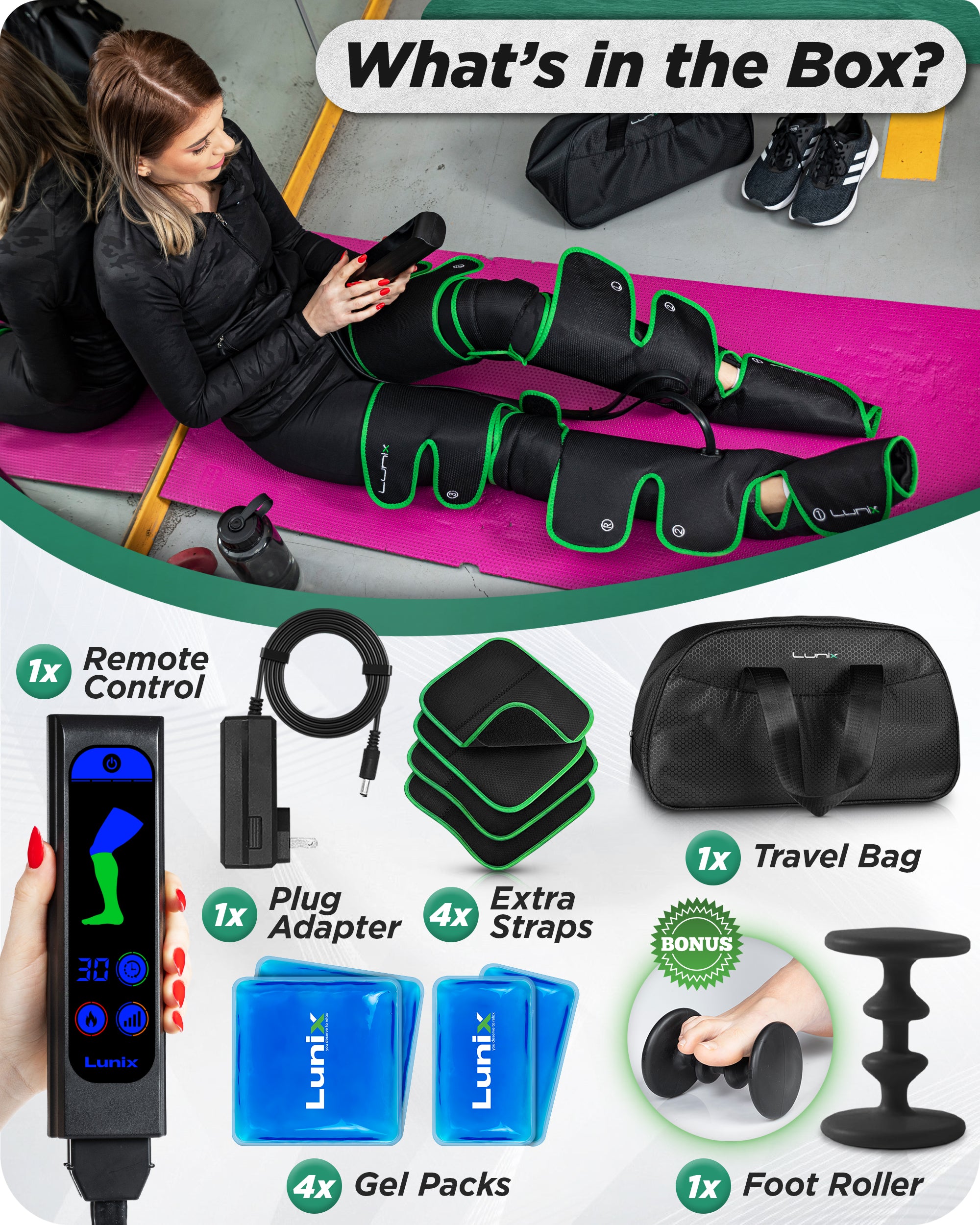 LX10 FULL LEG COMPRESSION MASSAGER WITH HOT/COLD PACK - GREEN - UPGRADED