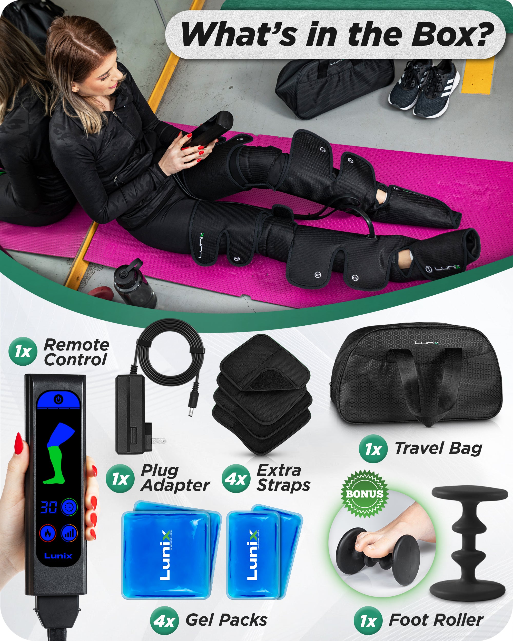 LX10 FULL LEG COMPRESSION MASSAGER WITH HOT/COLD PACK - BLACK - UPGRADED