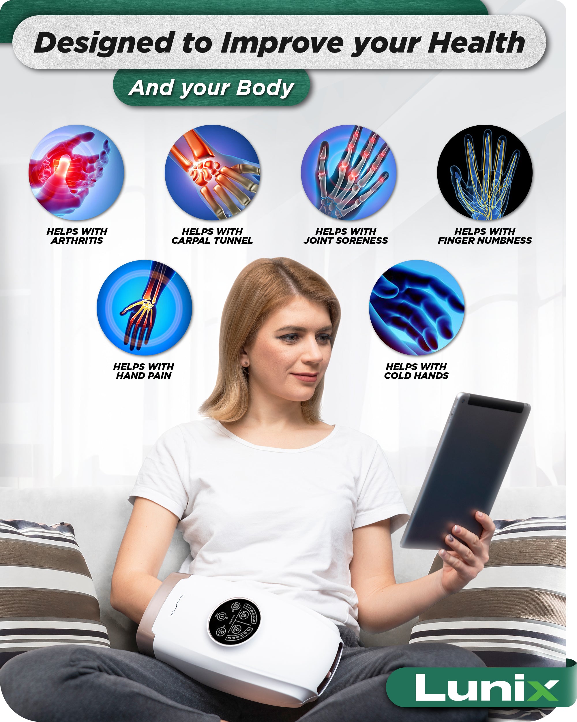 LX3 Carpal Tunnel & Wrist Pain Relief Device, Heated Air Compression Hand Massager, Lunar White