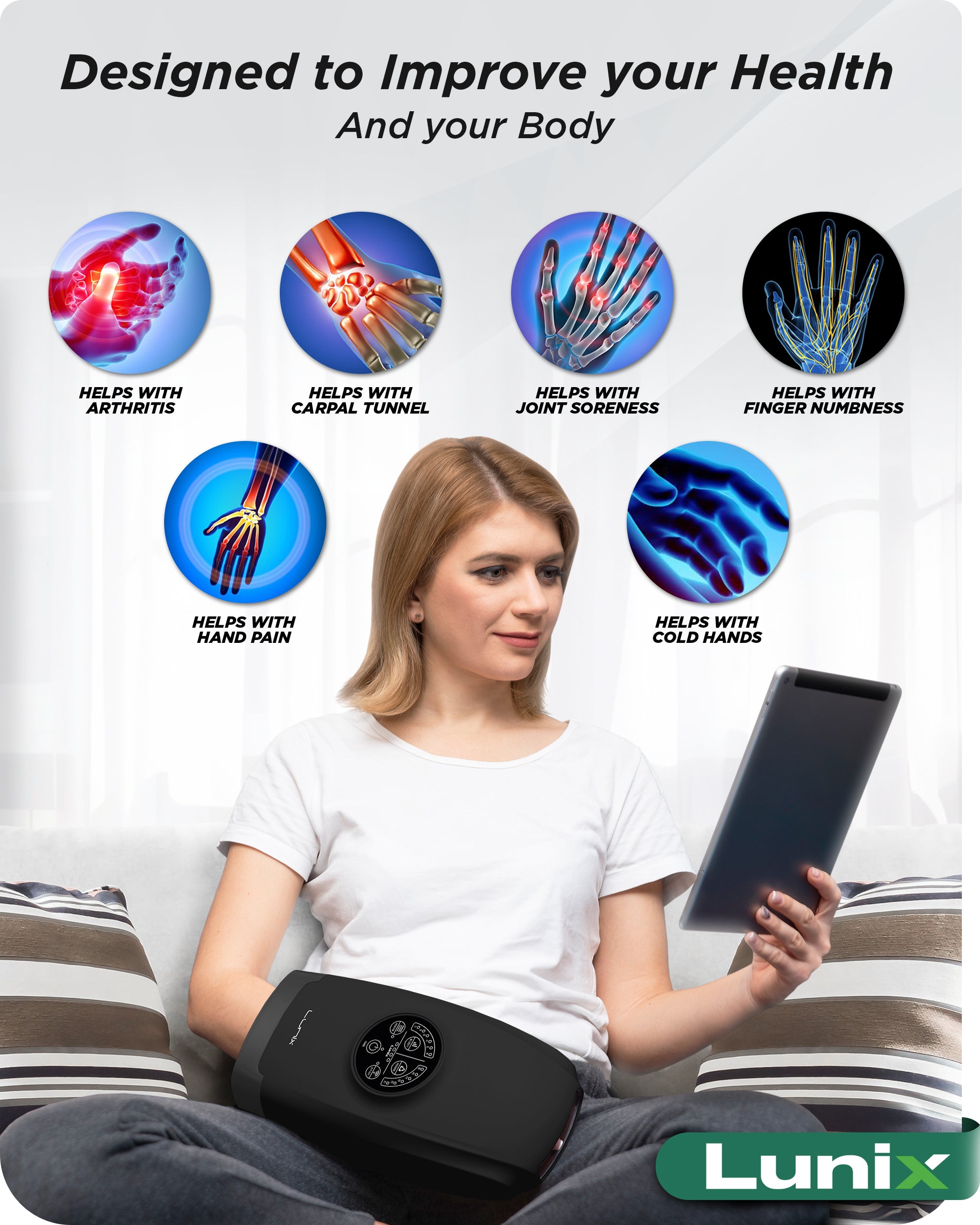 Lunix LX33 Hand Massager with Red Light Therapy, Carpal Tunnel & Wrist Pain Relief Device, Charcoal Black