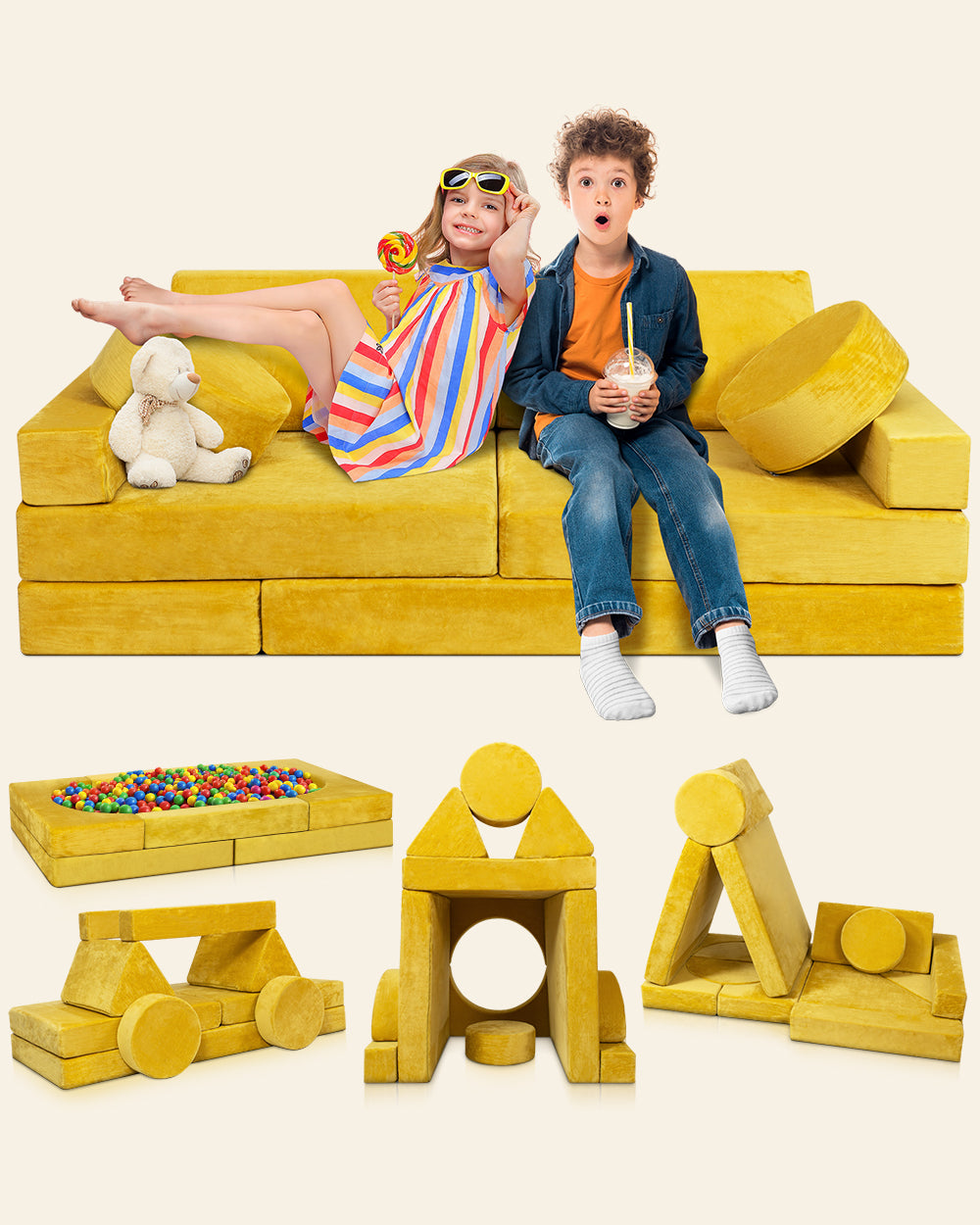 LX15 14pcs Modular Play Couch, Amber Yellow – Lunix