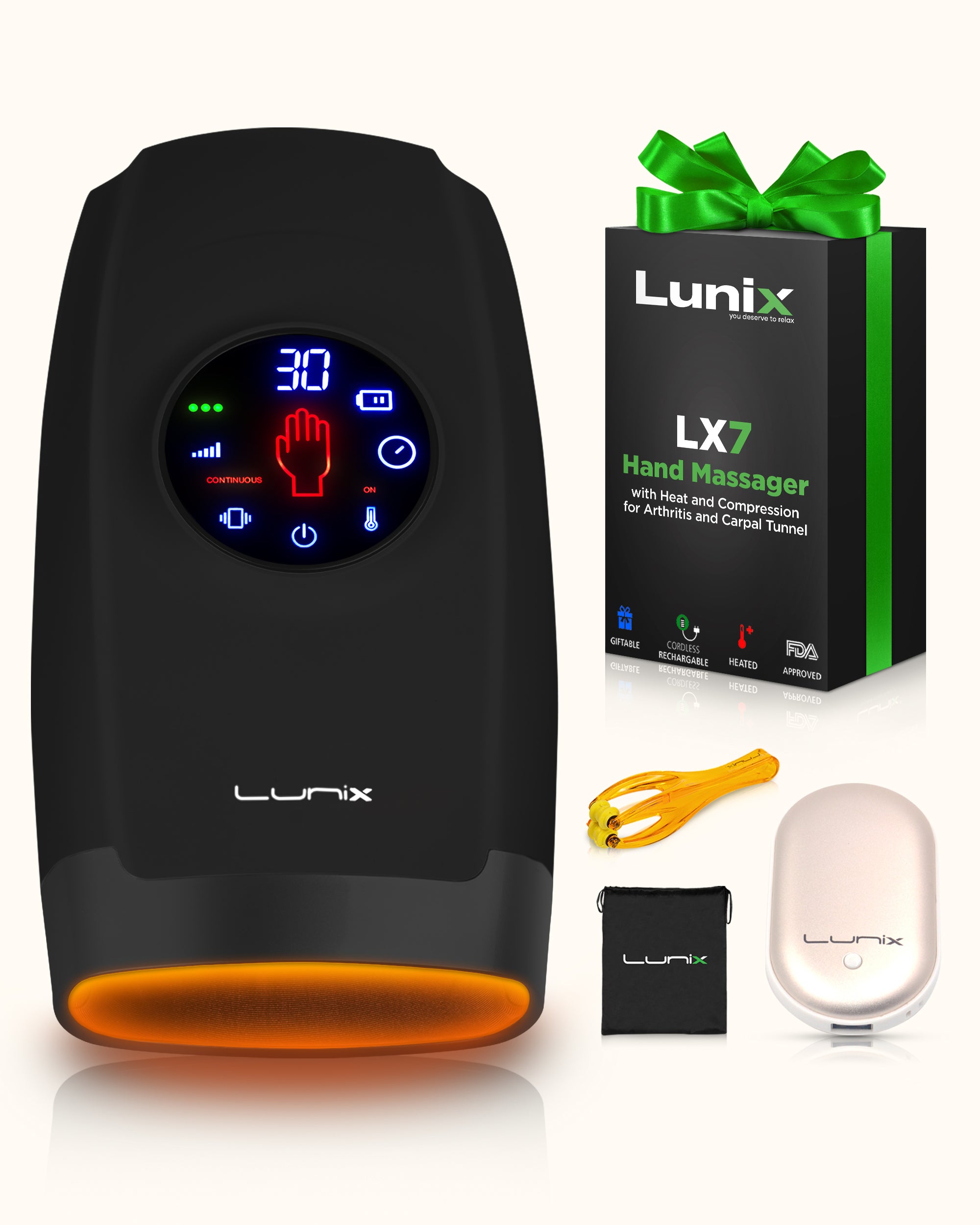 LX7 LCD Touchscreen Hand Massager, Heated Air Compression, Charcoal Black