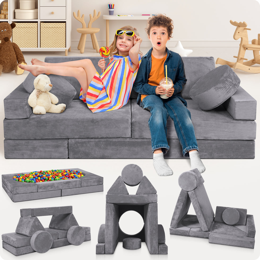 LX15 14pcs Modular Play Couch, Shadow Gray