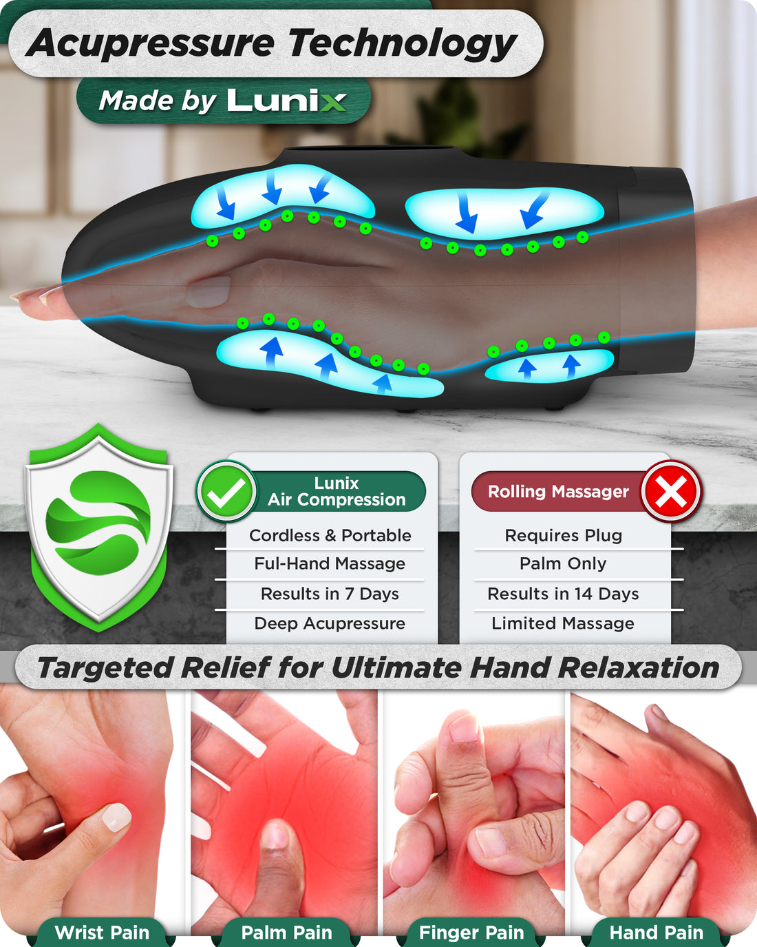 LX7 LCD Touchscreen Hand Massager, Heated Air Compression, Charcoal Black