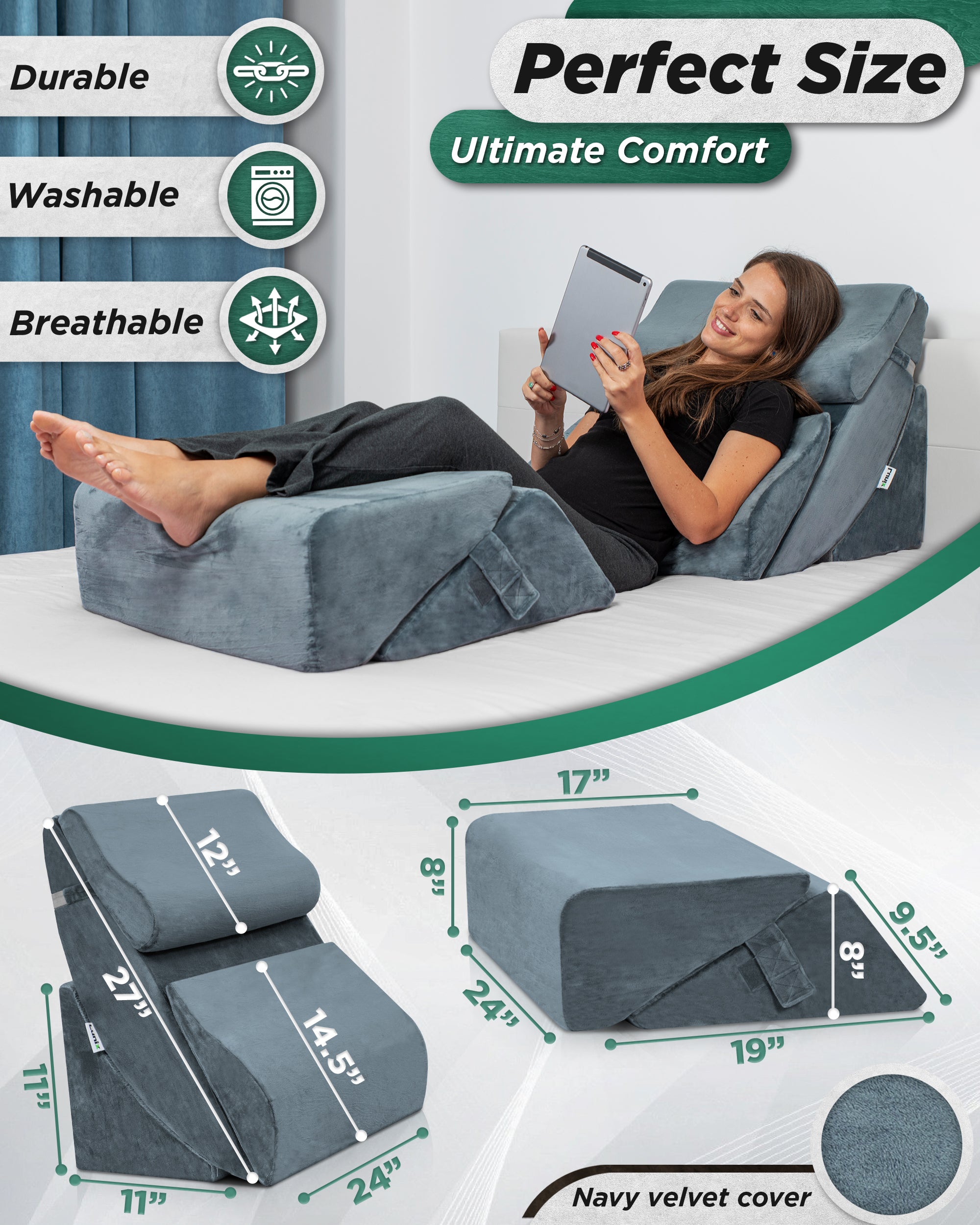 LX13 6pcs Aloe Vera Memory Foam, Orthopedic Bed Wedge Pillow System, with Hot Cold Pack Navy