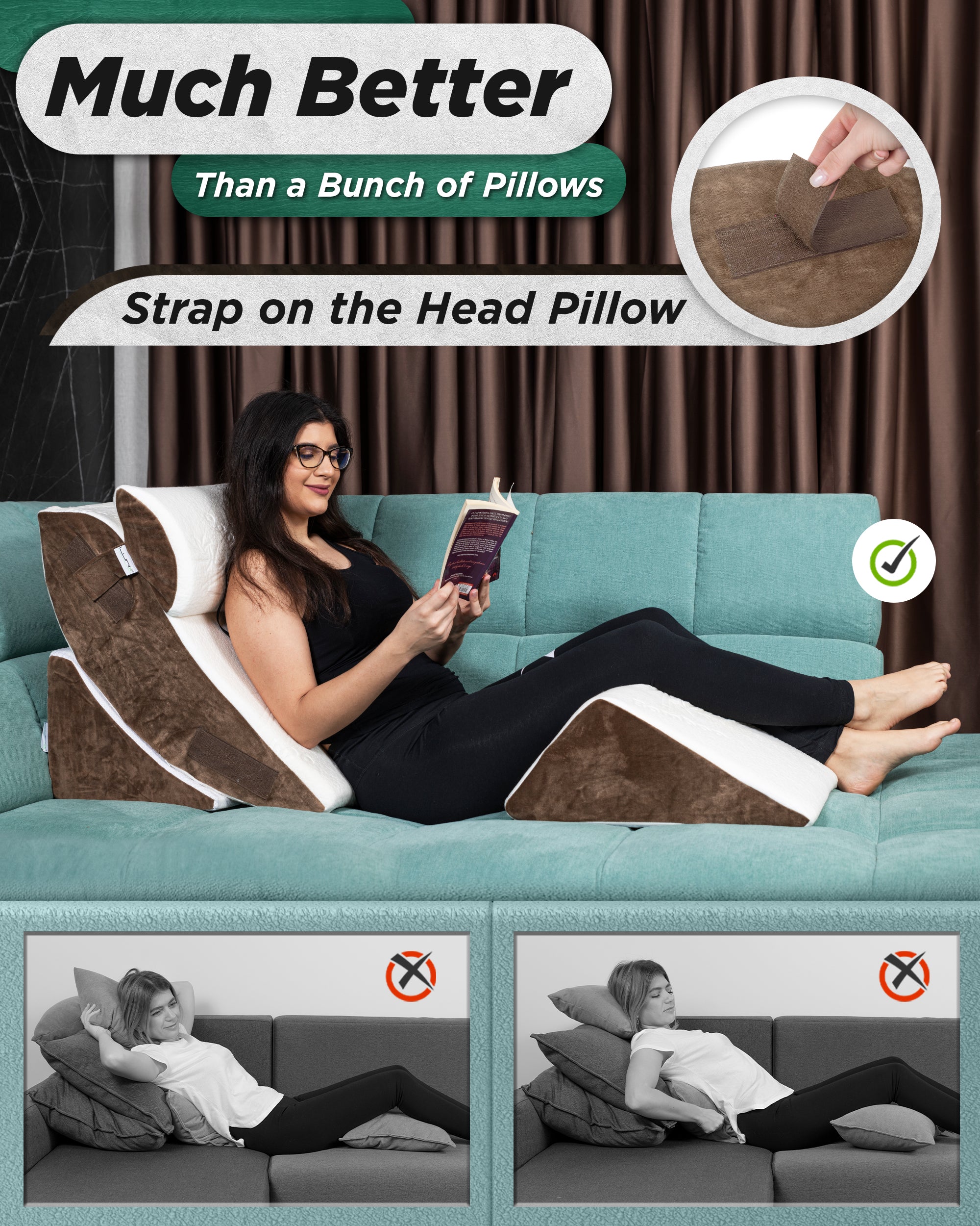 LX5 4pcs Orthopedic Bed Wedge Pillow System, with Hot Cold Pack Brown